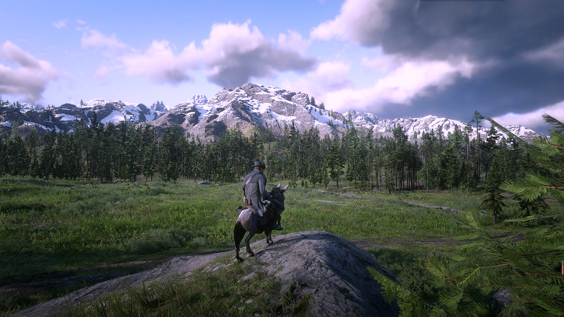 General 1920x1080 Red Dead Redemption 2 sky Rockstar Games mountains video games donkey video game characters CGI video game art screen shot trees nature clouds snowy mountain snow