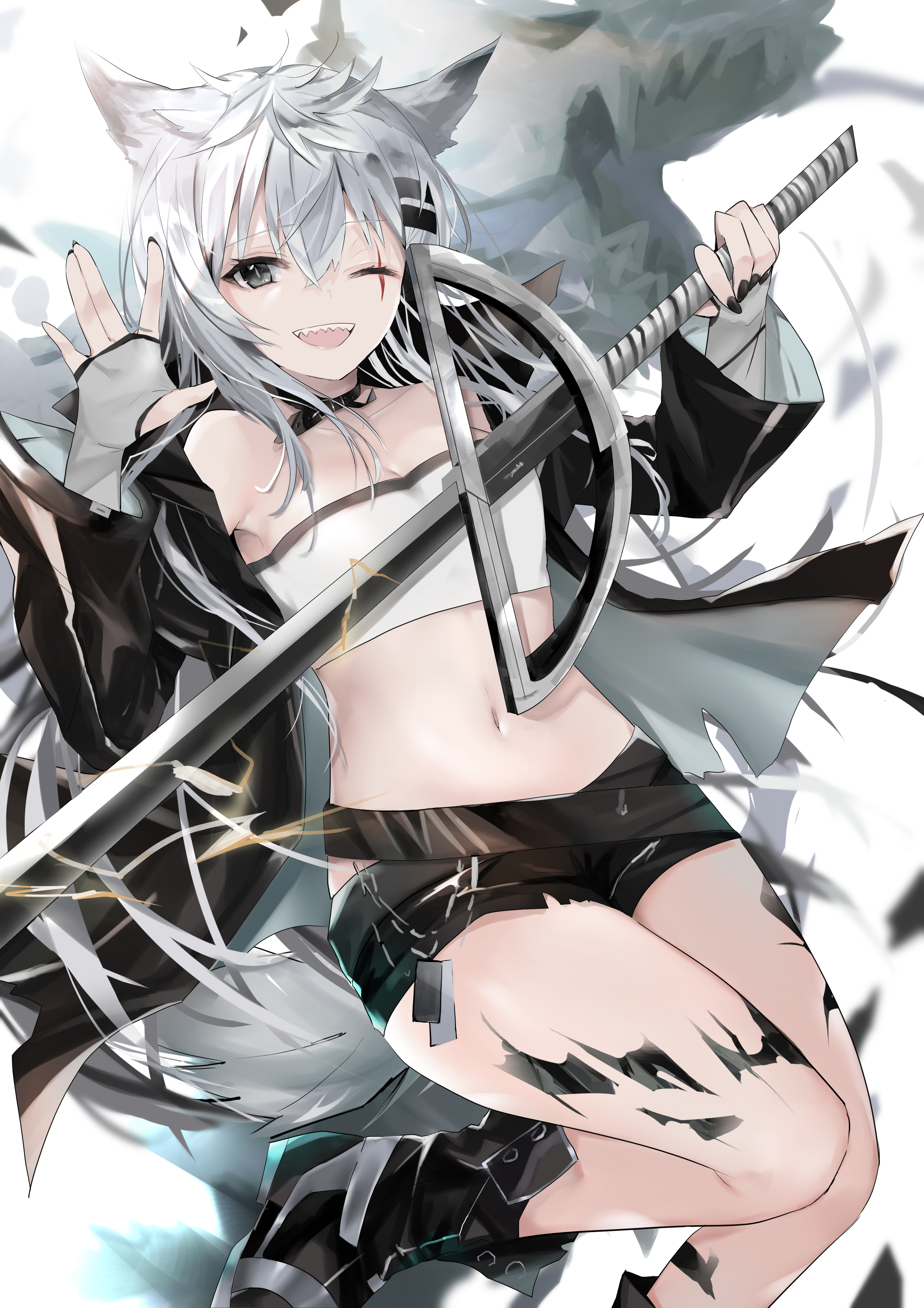 Anime 2894x4093 anime anime girls Arknights Lappland (Arknights) portrait display open mouth one eye closed Patatawdwdt animal ears crop top short shorts