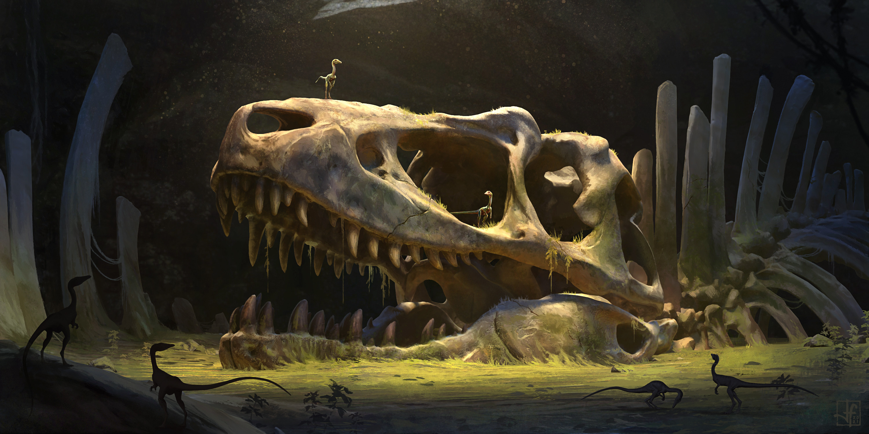 General 3000x1500 artwork digital art dinosaurs bones fossils skull raptor moss ancient