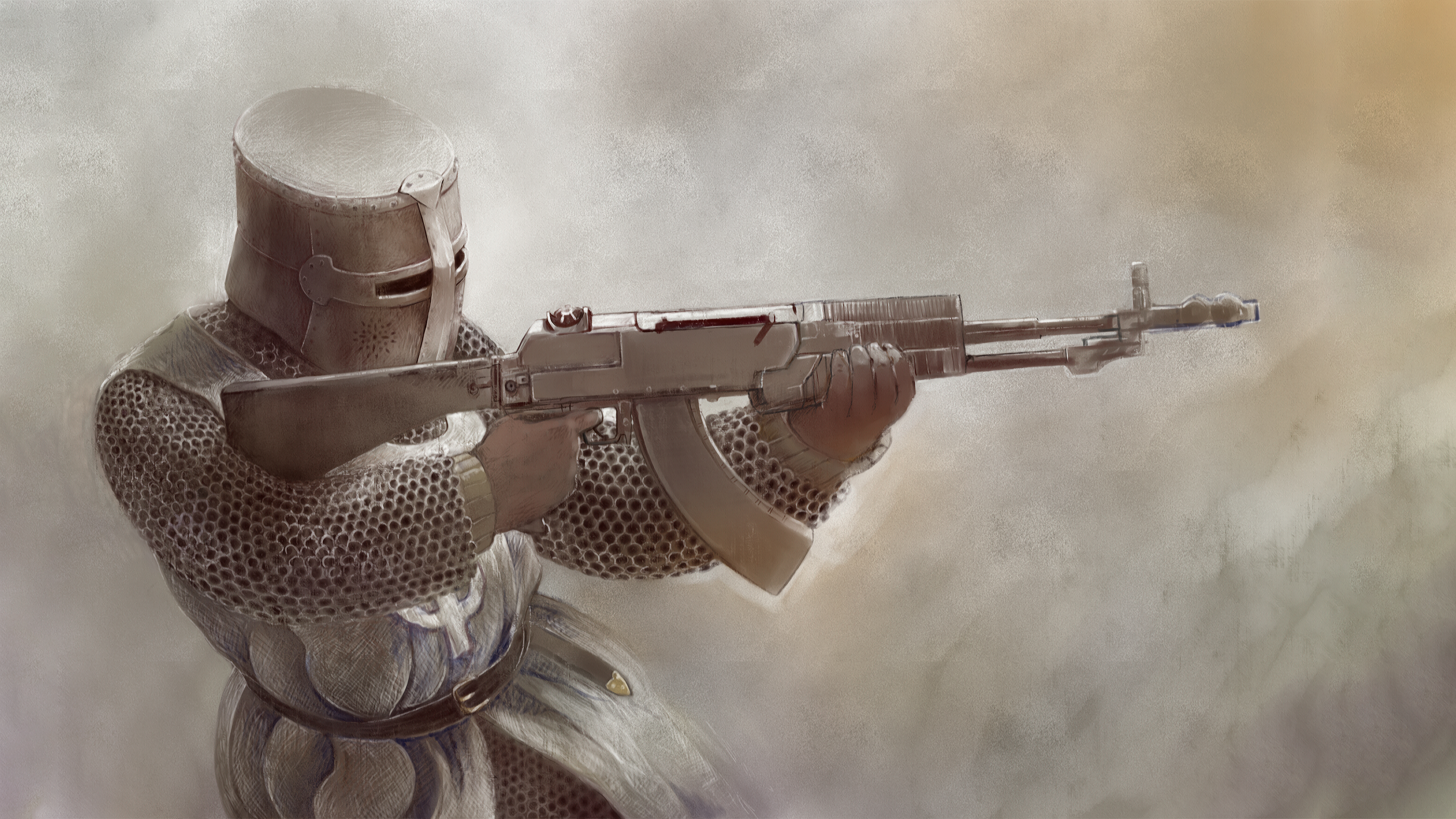 General 3129x1760 humor anachronistic medieval chain mail helmet assault rifle artwork An-94 Abakan Knights Templar digital art simple background