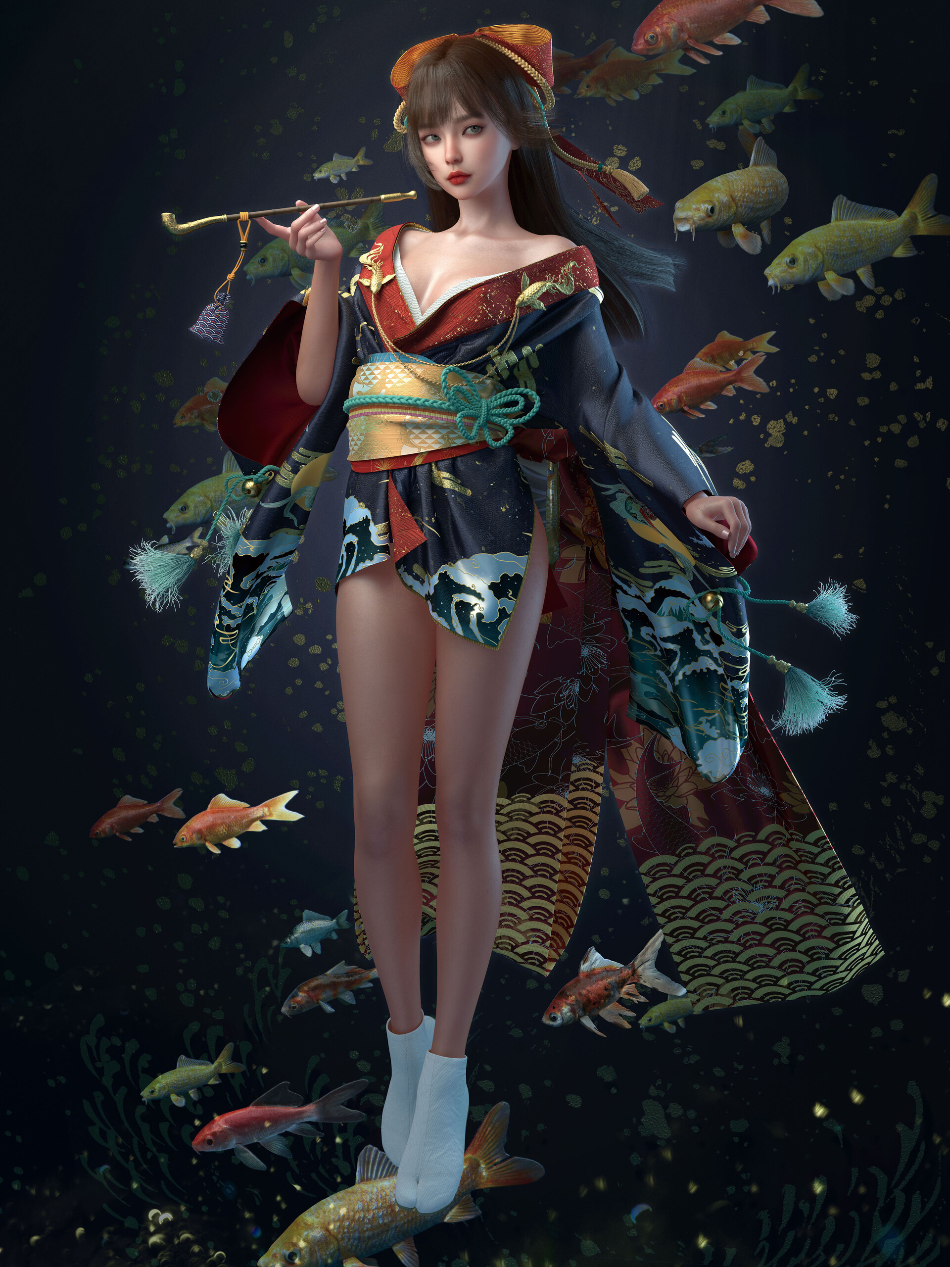 General 1920x2560 Yuan Yuan CGI women brunette kimono hair accessories ribbon fish koi fish cleavage portrait display digital art simple background