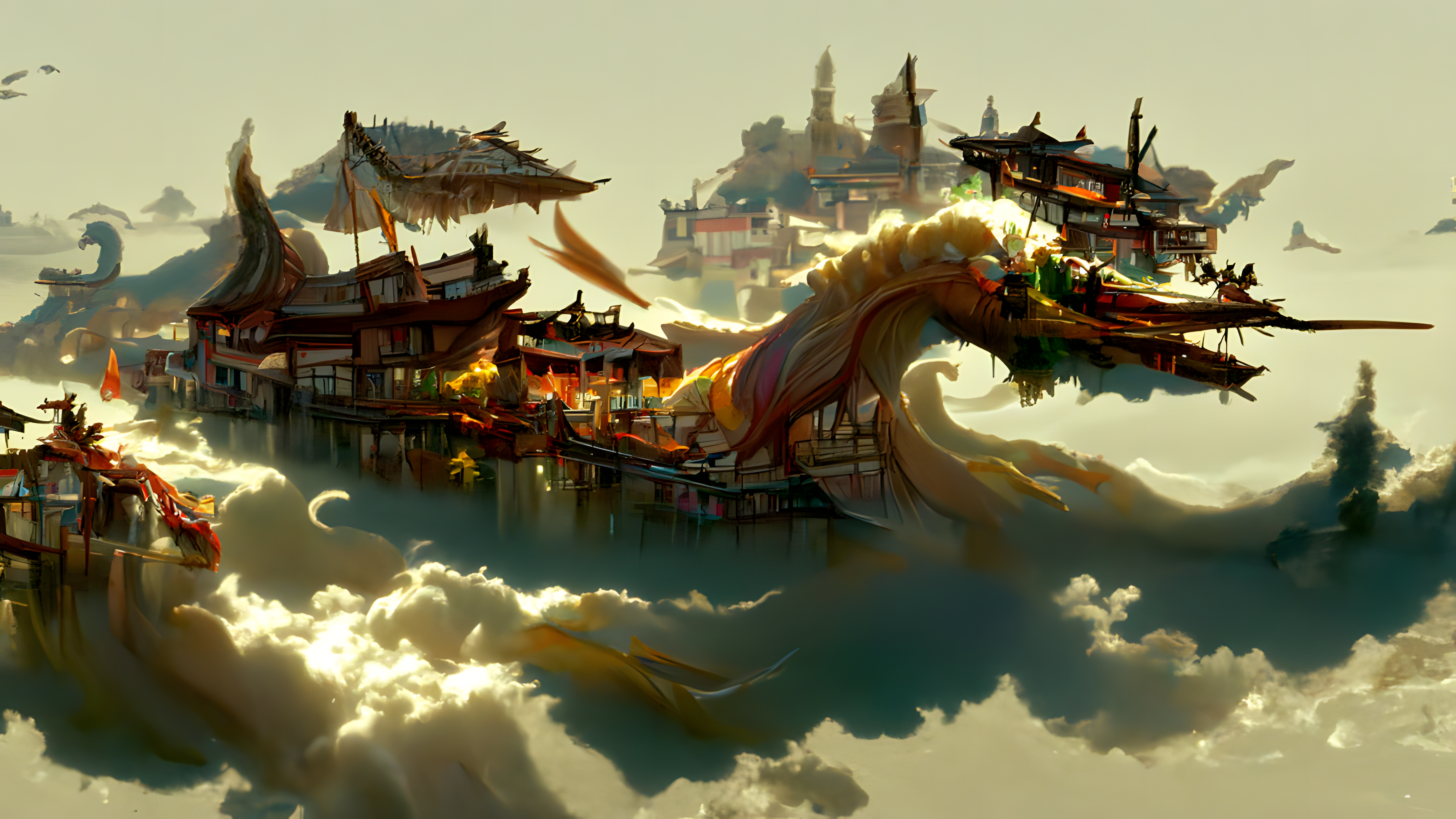 General 4552x2560 dragon Chinese architecture clouds Chinese dragon AI art