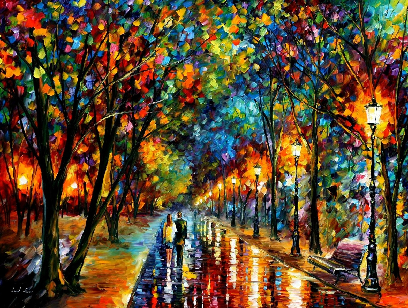 Anime 1354x1022 modern impressionism colorful artwork lovers street street light park bench trees