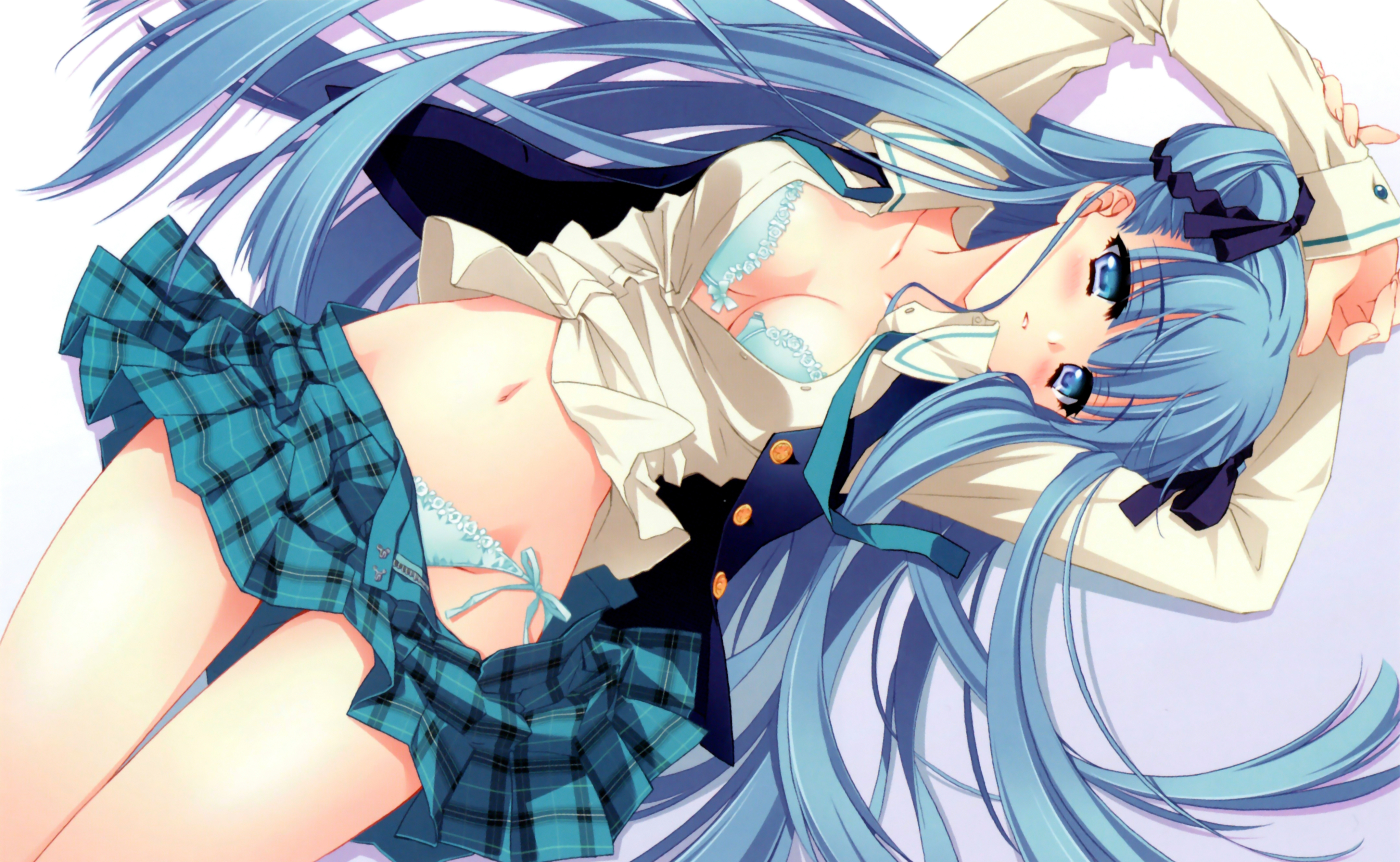 Anime 4310x2655 anime anime girls boobs underwear lying down open clothes long hair blue hair blue eyes artwork Carnelian
