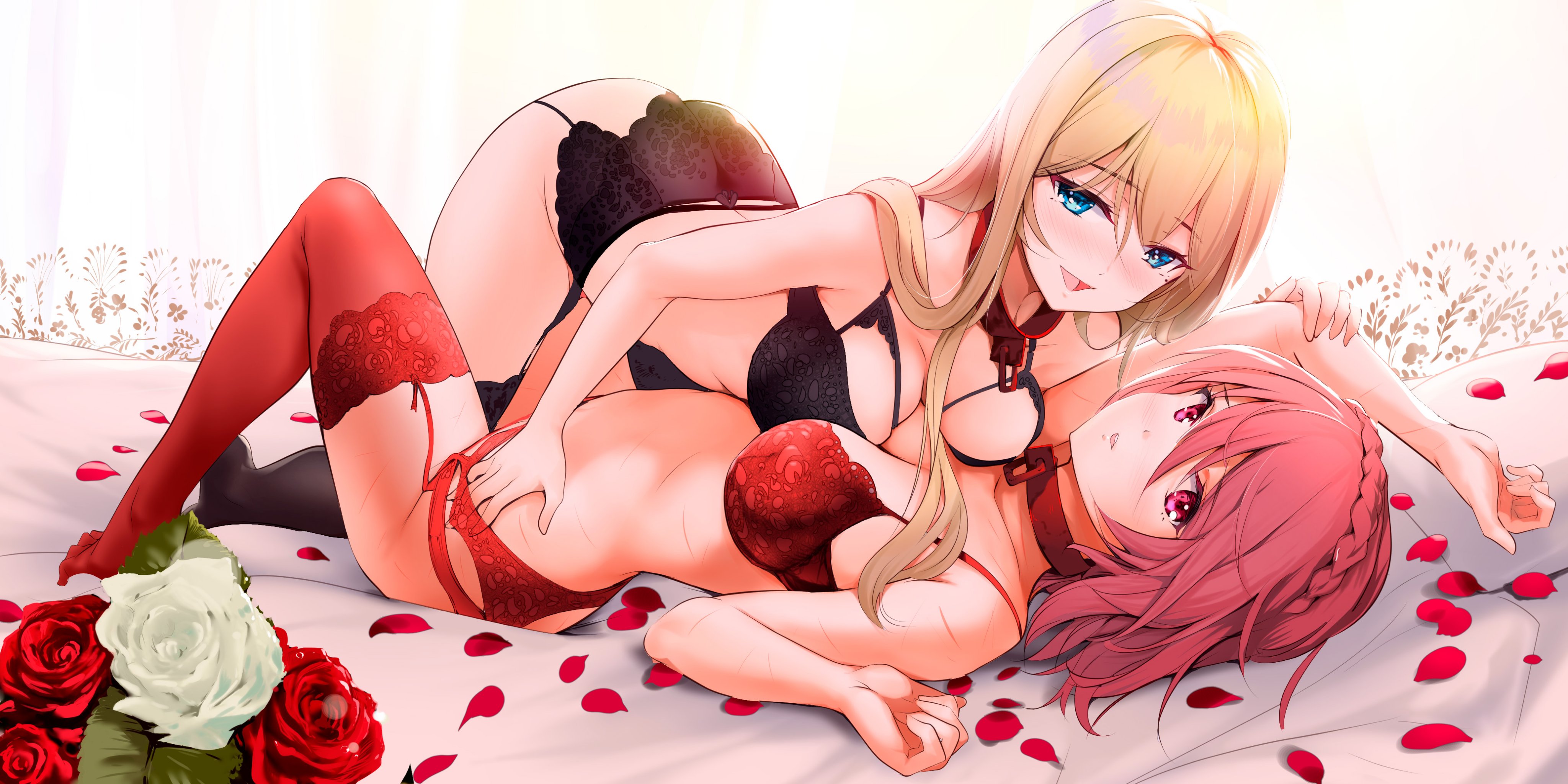 Anime 4096x2048 anime anime girls underwear in bed lingerie petals garter belt thigh-highs blonde blue eyes redhead pink eyes blushing yuri artwork Nylon-Artist