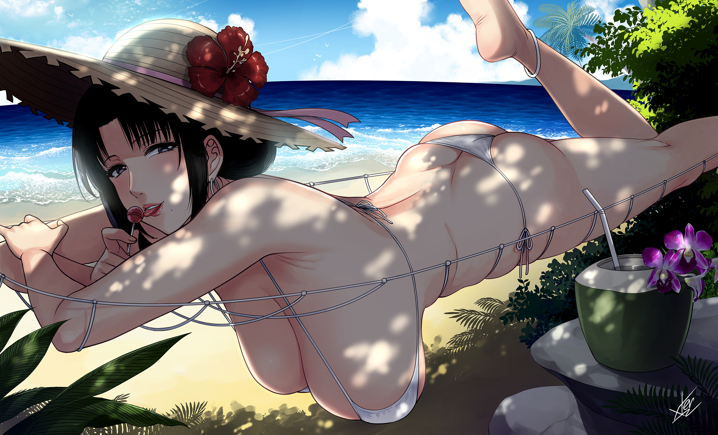 Anime 2473x1500 anime anime girls big boobs huge breasts bikini ass straw hat palm trees hanging boobs beach micro bikini Xtermination artwork