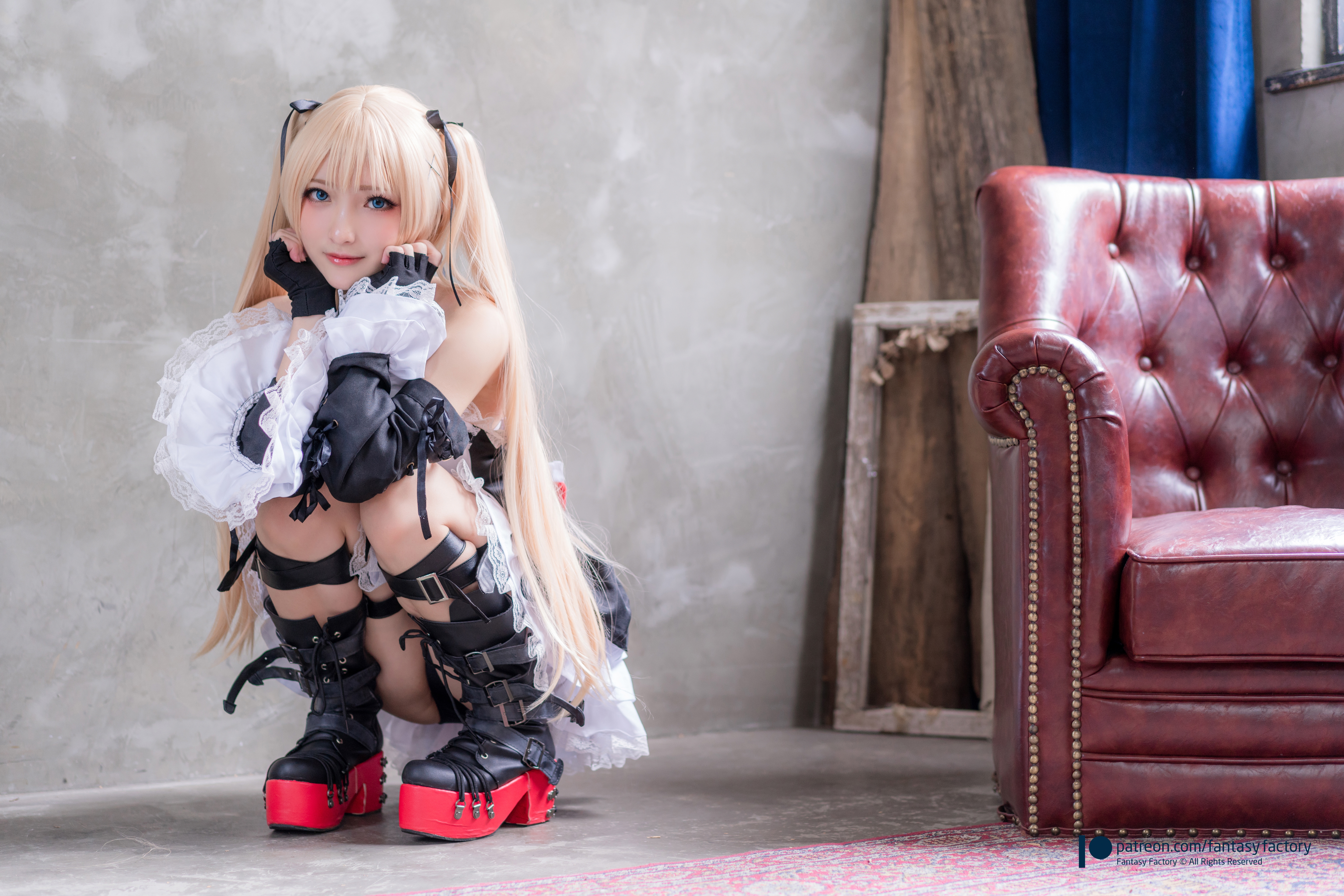 Fantasy Factory, women, model, Asian, cosplay, Marie Rose (Dead or Alive),  video game girls, blonde, women indoors, Dead or Alive, video games, gothic  lolita, dress, twintails, upskirt, underwear, panties, indoors | 7681x5123