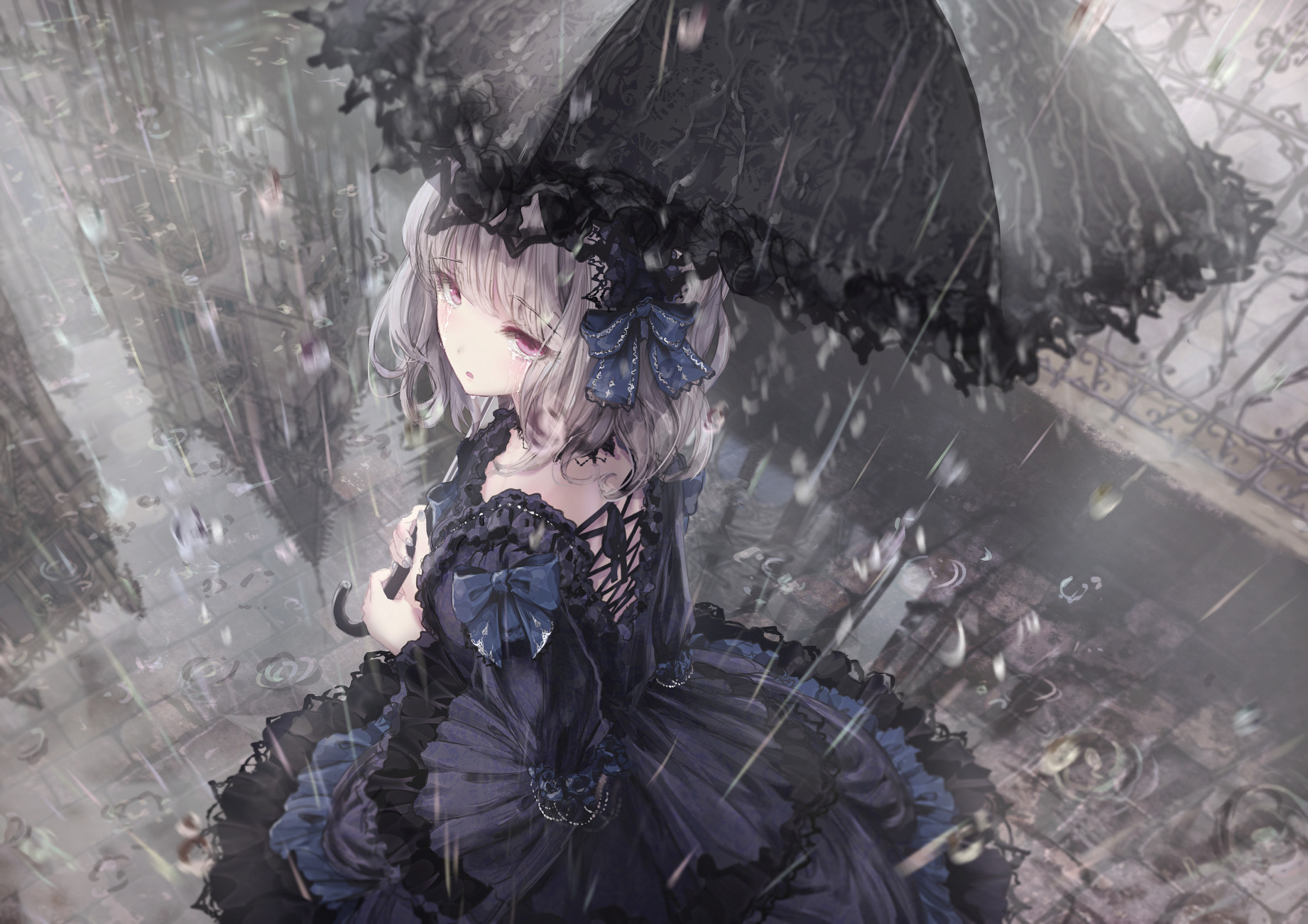 Anime 1842x1302 anime anime girls rain umbrella high angle tears gothic lolita dress artwork missile228