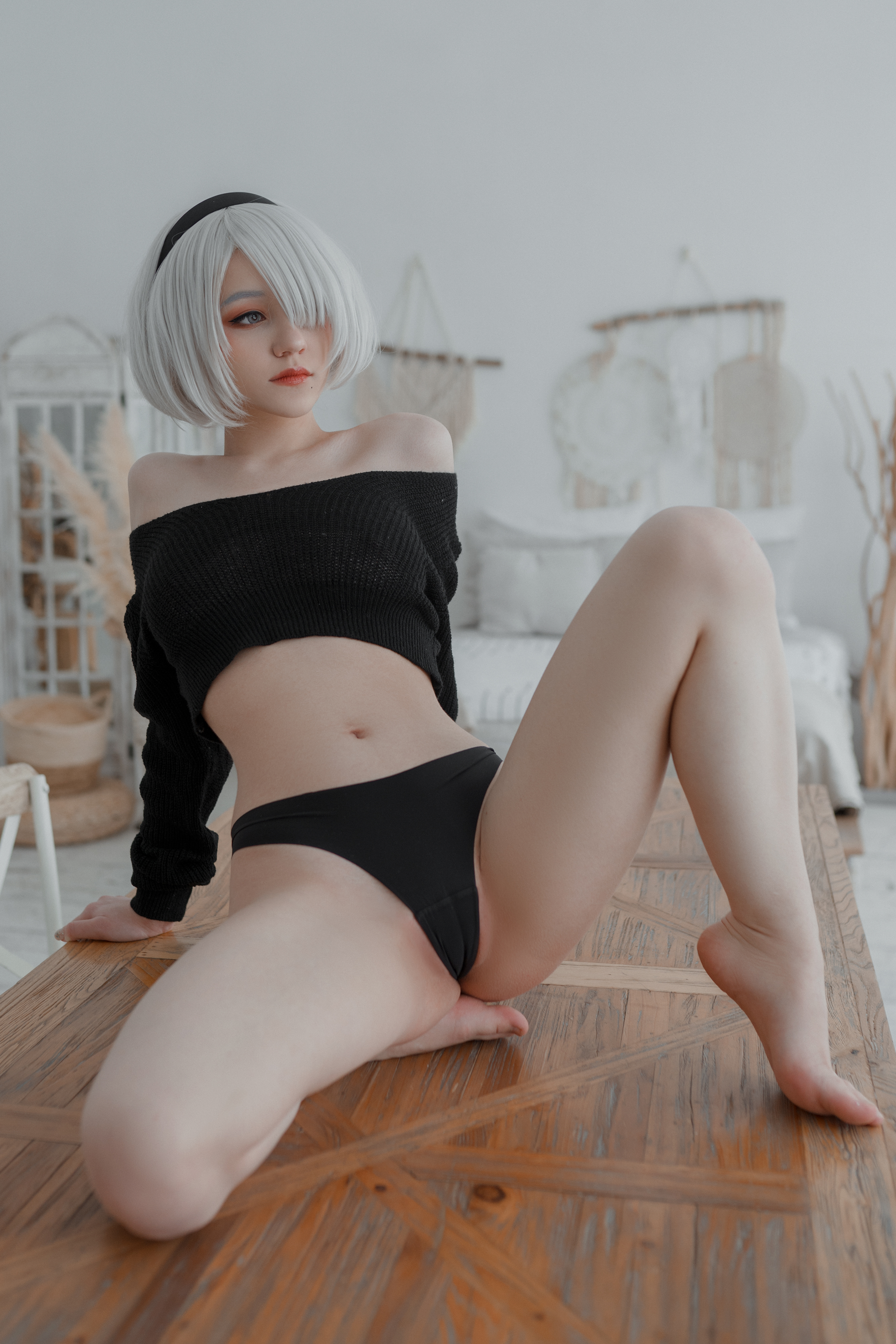 People 2667x4000 Donna Loli women model cosplay 2B (Nier: Automata) Nier: Automata video games bare shoulders sweater crop top underwear panties indoors women indoors barefoot table pointed toes