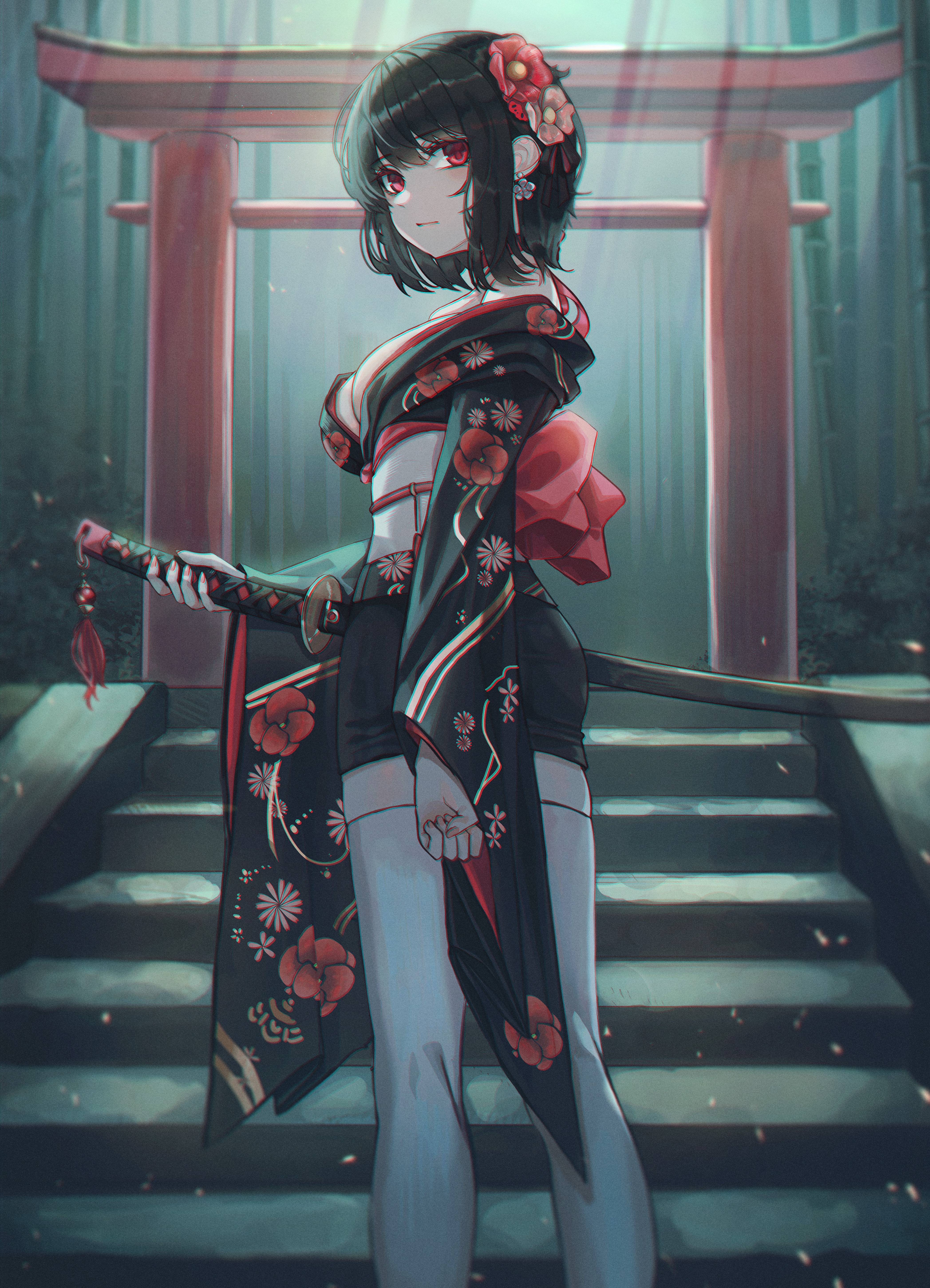 Anime 4191x5806 anime anime girls artwork black hair Japanese clothes katana torii cleavage sword women with swords flower in hair boobs stockings looking at viewer painted nails shoulder length hair