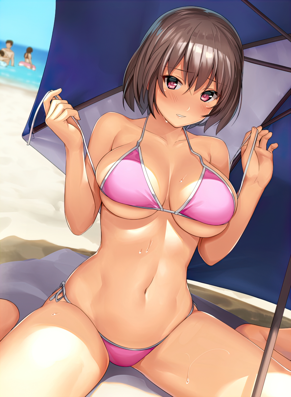 Anime 942x1284 boobs big boobs brunette looking at viewer bikini pink bikini beach Sawada Yuusuke artwork belly parasol blushing belly button huge breasts fit body curvy