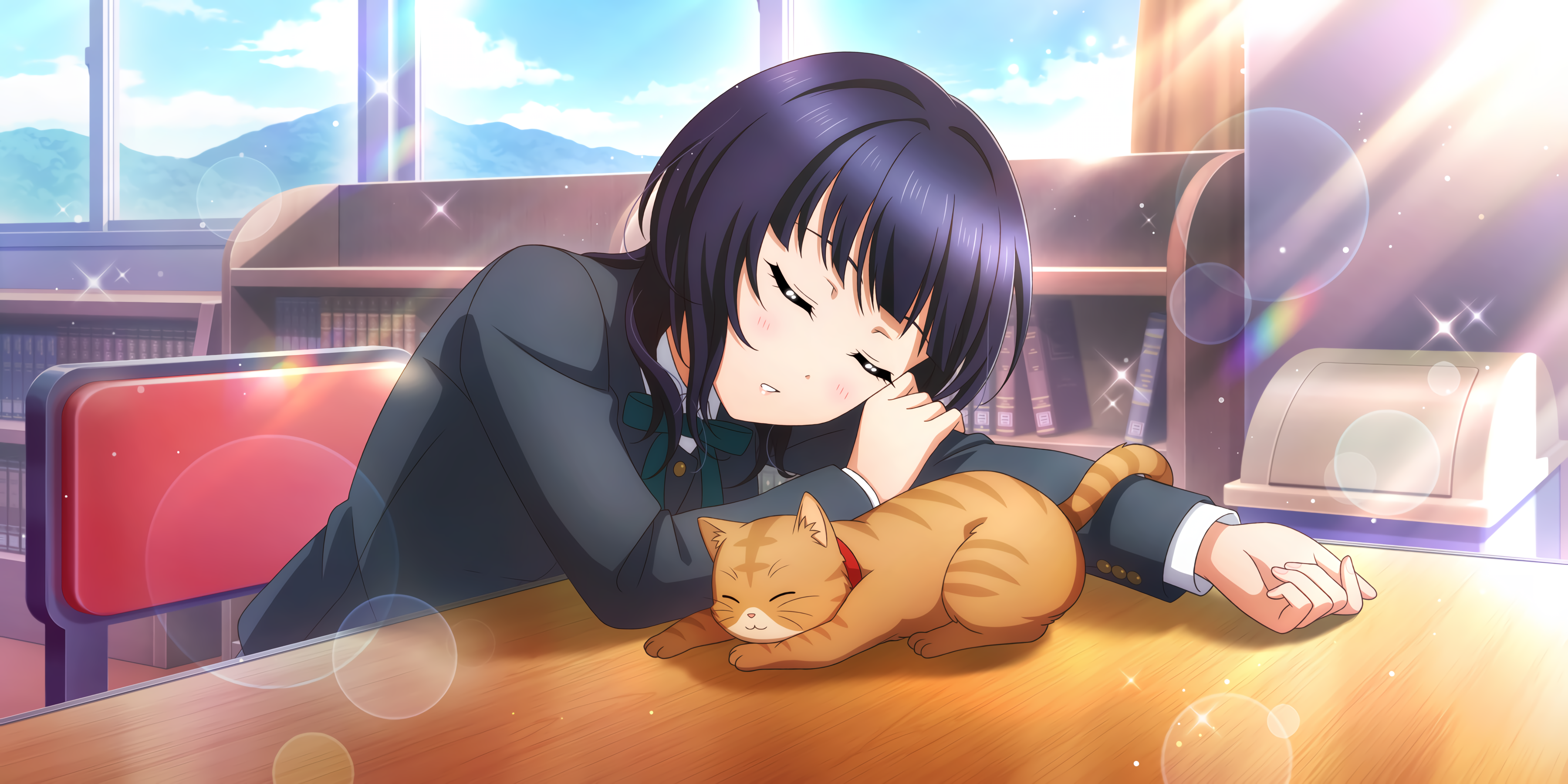 Anime 3600x1800 Love Live! Asaka Karin anime girls cats