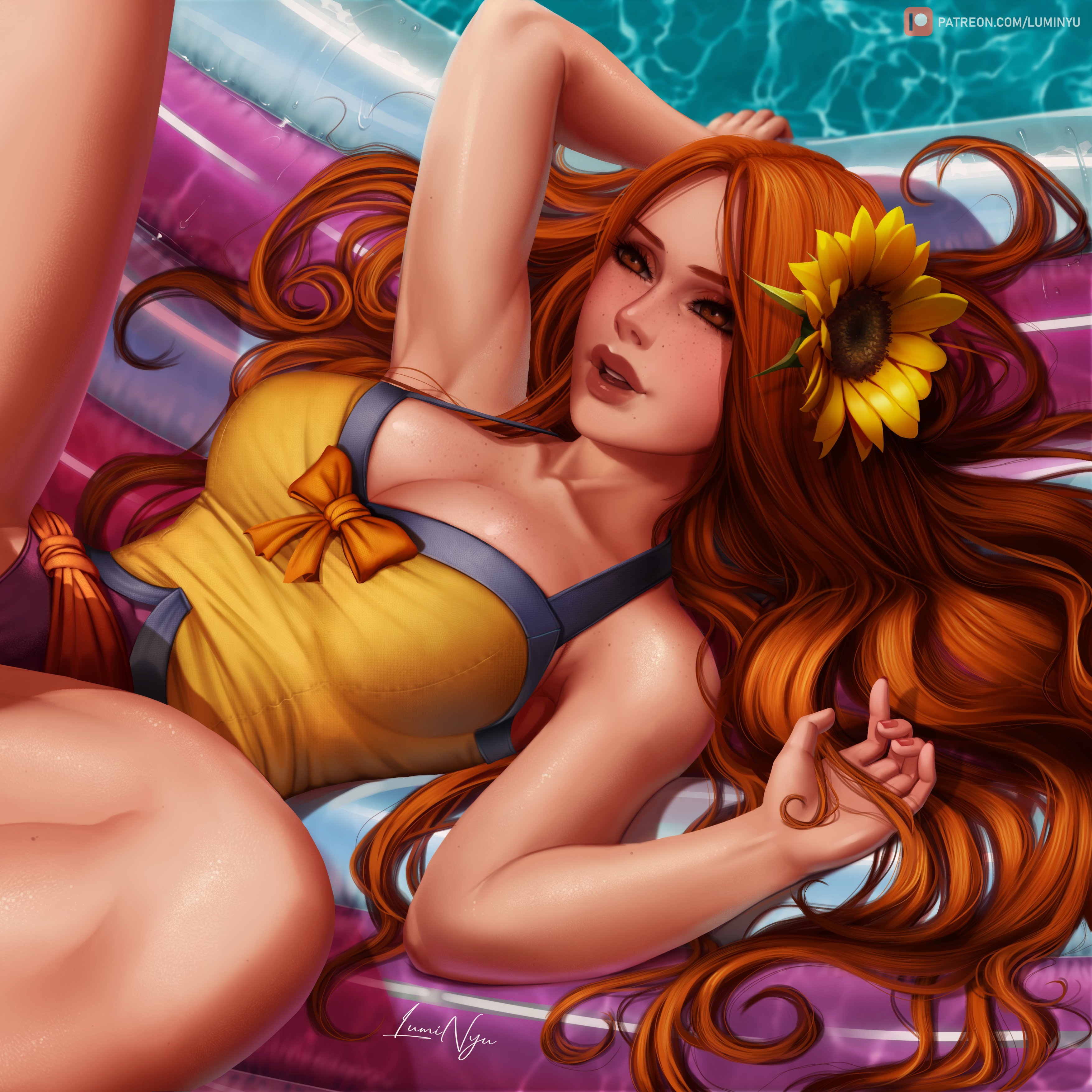 General 3509x3509 Leona (League of Legends) League of Legends video games video game girls redhead freckles lying on back sunflowers cleavage 2D artwork drawing fan art LumiNyu spread legs