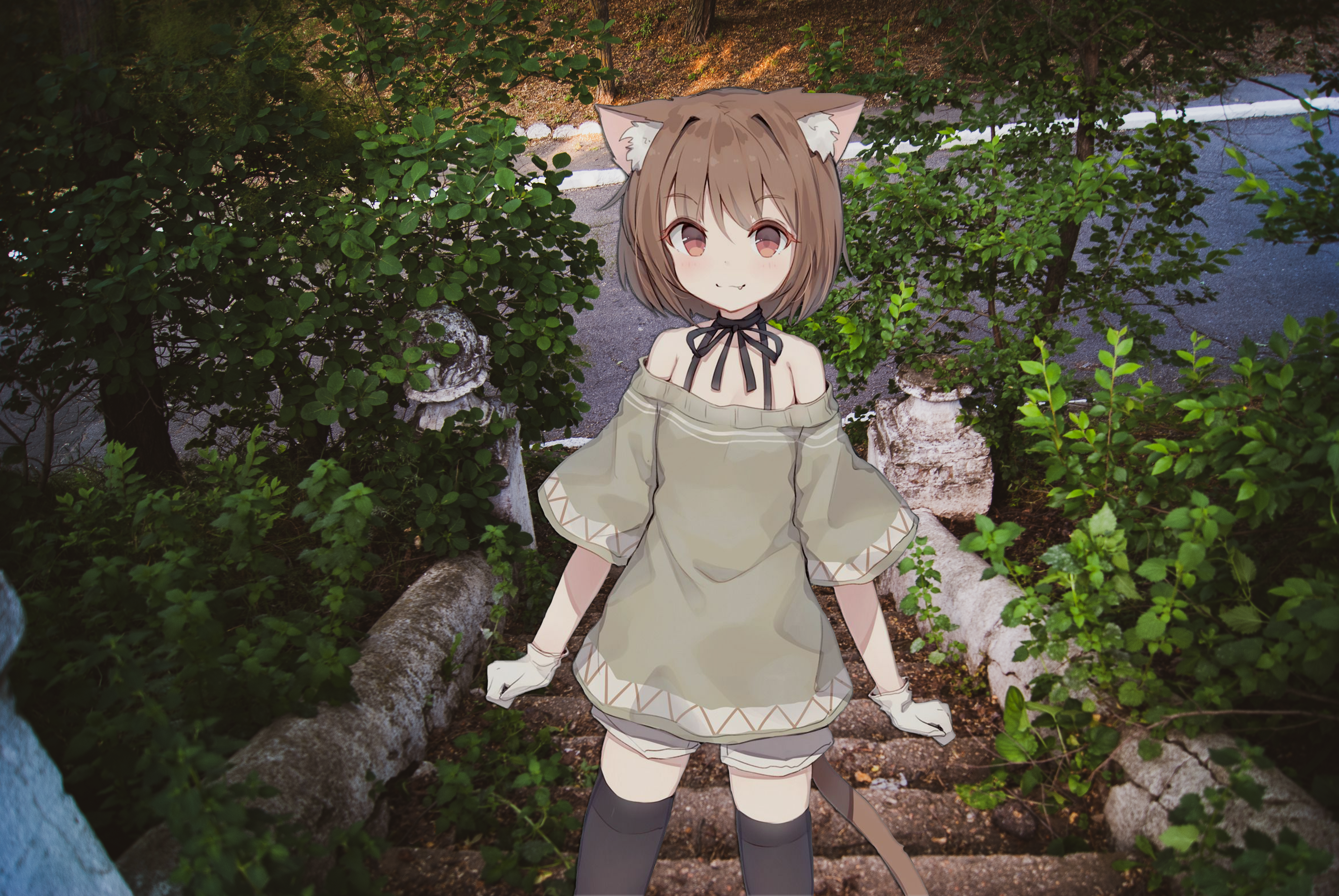 Anime 3884x2600 animeirl anime girls cat ears looking at viewer cat girl stairs leaves stockings cat tail standing short hair brunette closed mouth smiling bare shoulders gloves