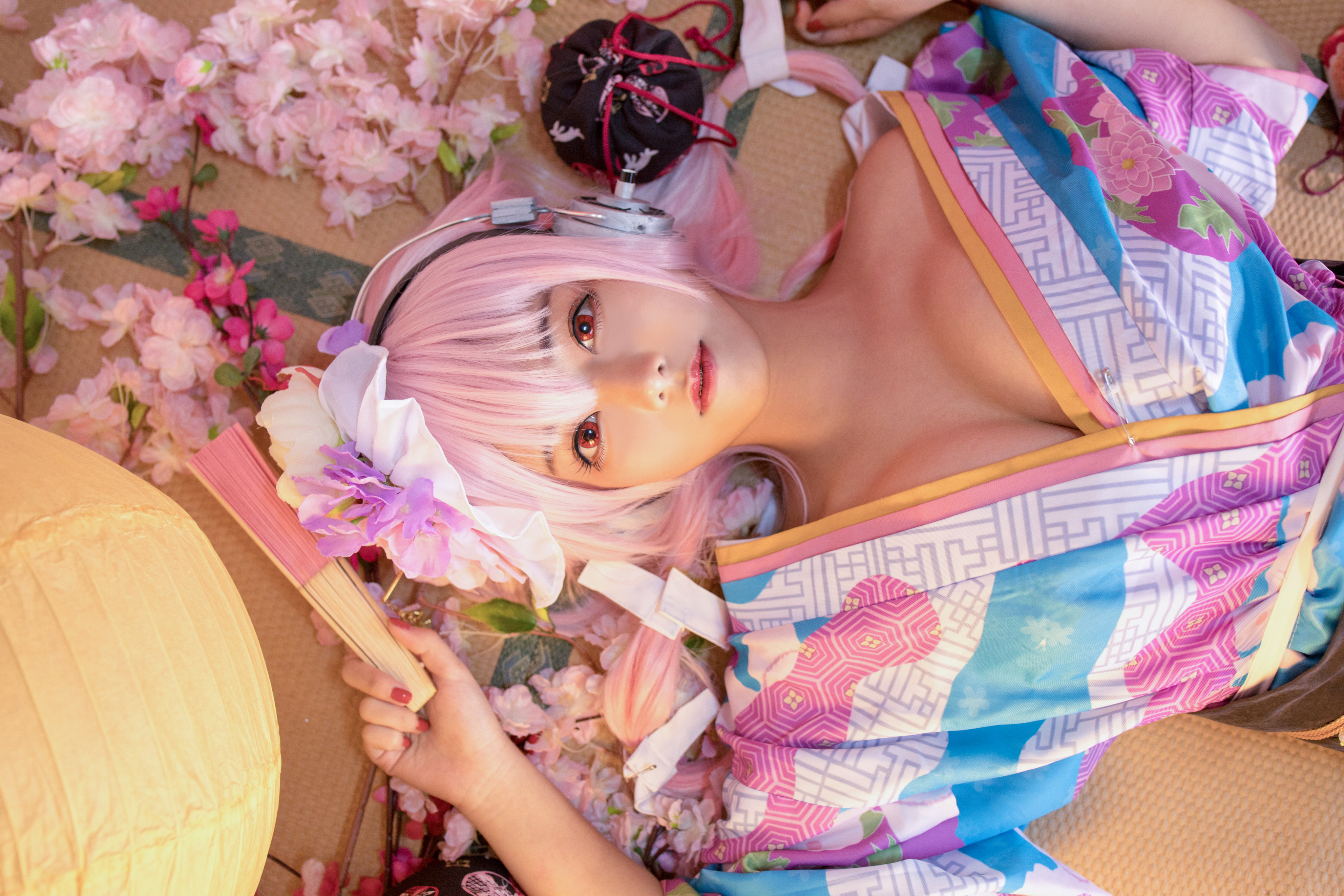 People 4096x2731 Mizhimaoqiu women model Asian cosplay Super Sonico anime kimono bare shoulders cleavage top view indoors women indoors looking at viewer