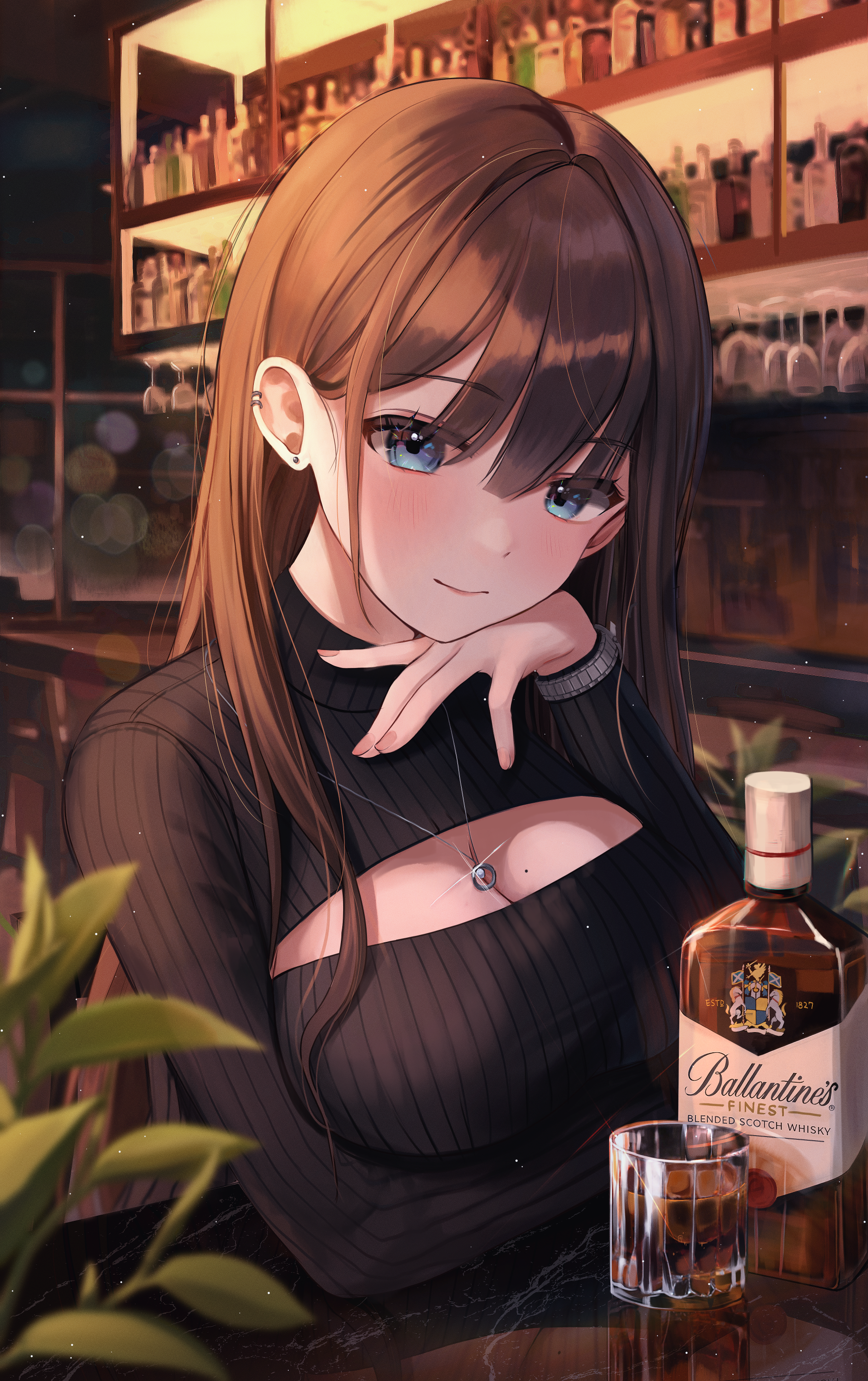 Anime 1887x3000 anime anime girls whiskey cleavage cutout digital art brunette blue eyes blushing sweater artwork Myowa