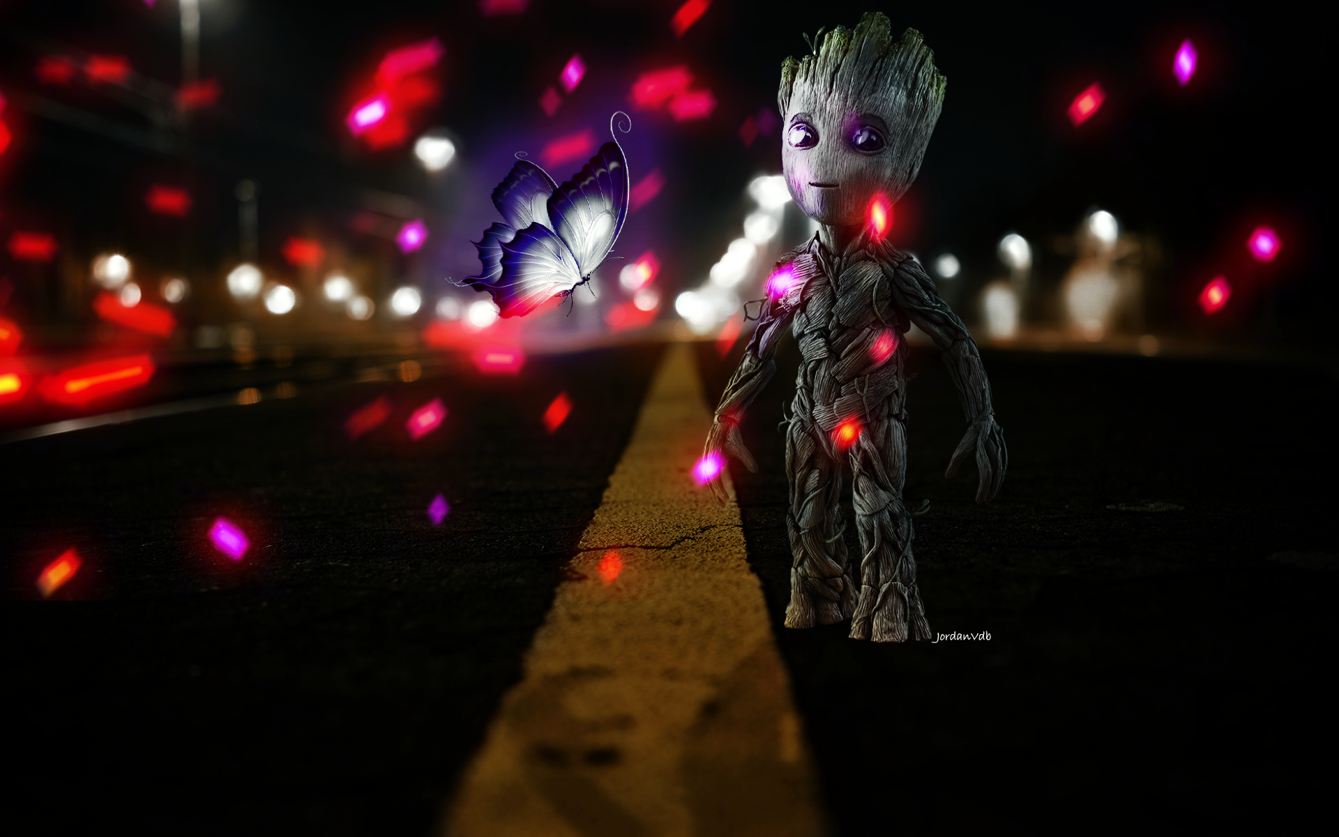 General 1920x1200 Baby Groot photo manipulation butterfly Marvel Comics low light digital art watermarked