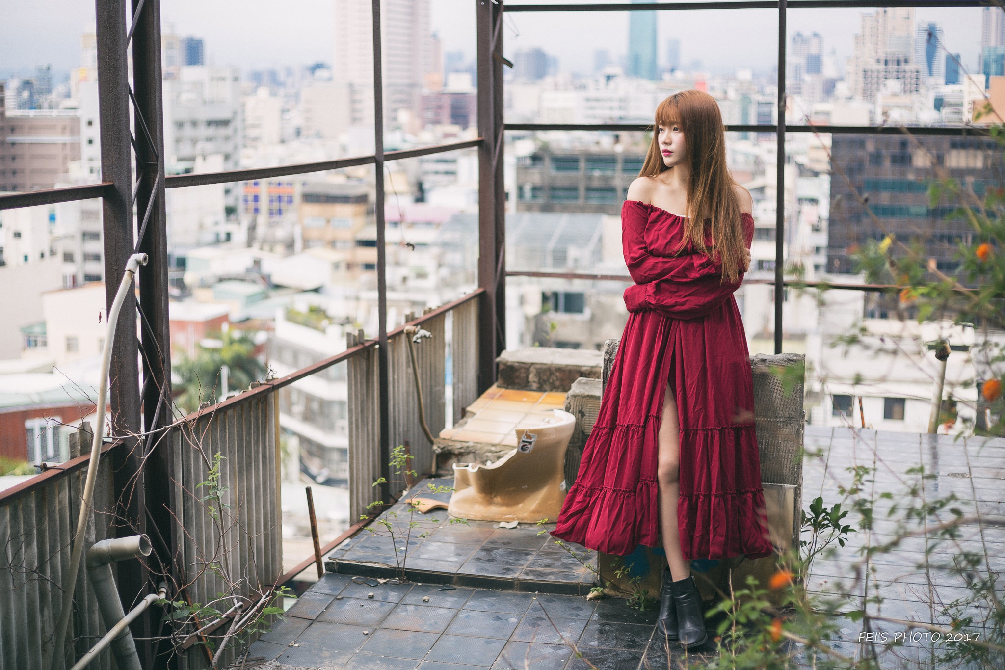 People 2048x1365 Asian model women long hair brunette depth of field red dress ankle boots bushes looking into the distance building bare shoulders Dolly.C