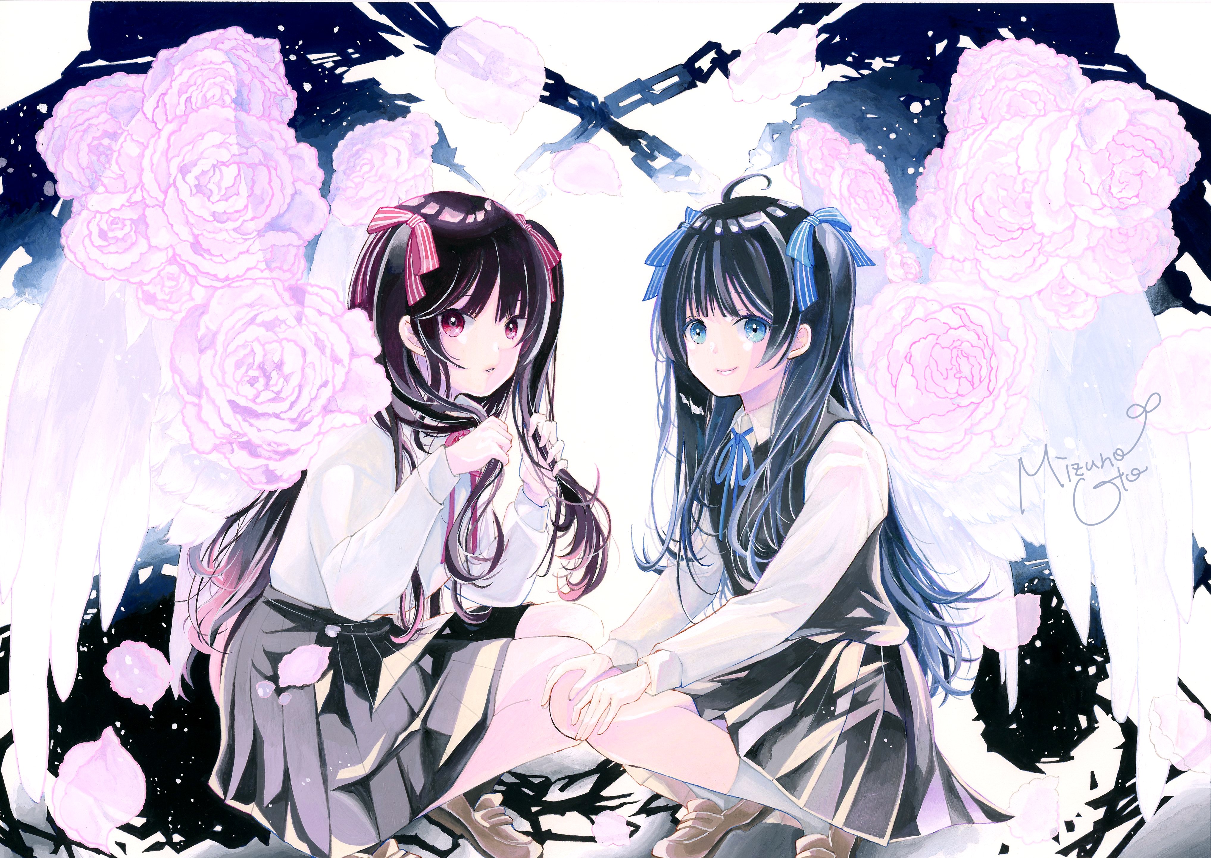 Anime 4069x2883 anime anime girl with wings anime girls twins twintails long hair original characters