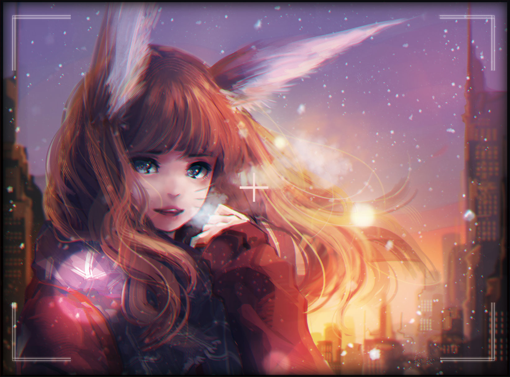 Anime 1645x1217 anime anime girls redhead sunset snow smiling blue eyes scarf city animal ears looking at viewer