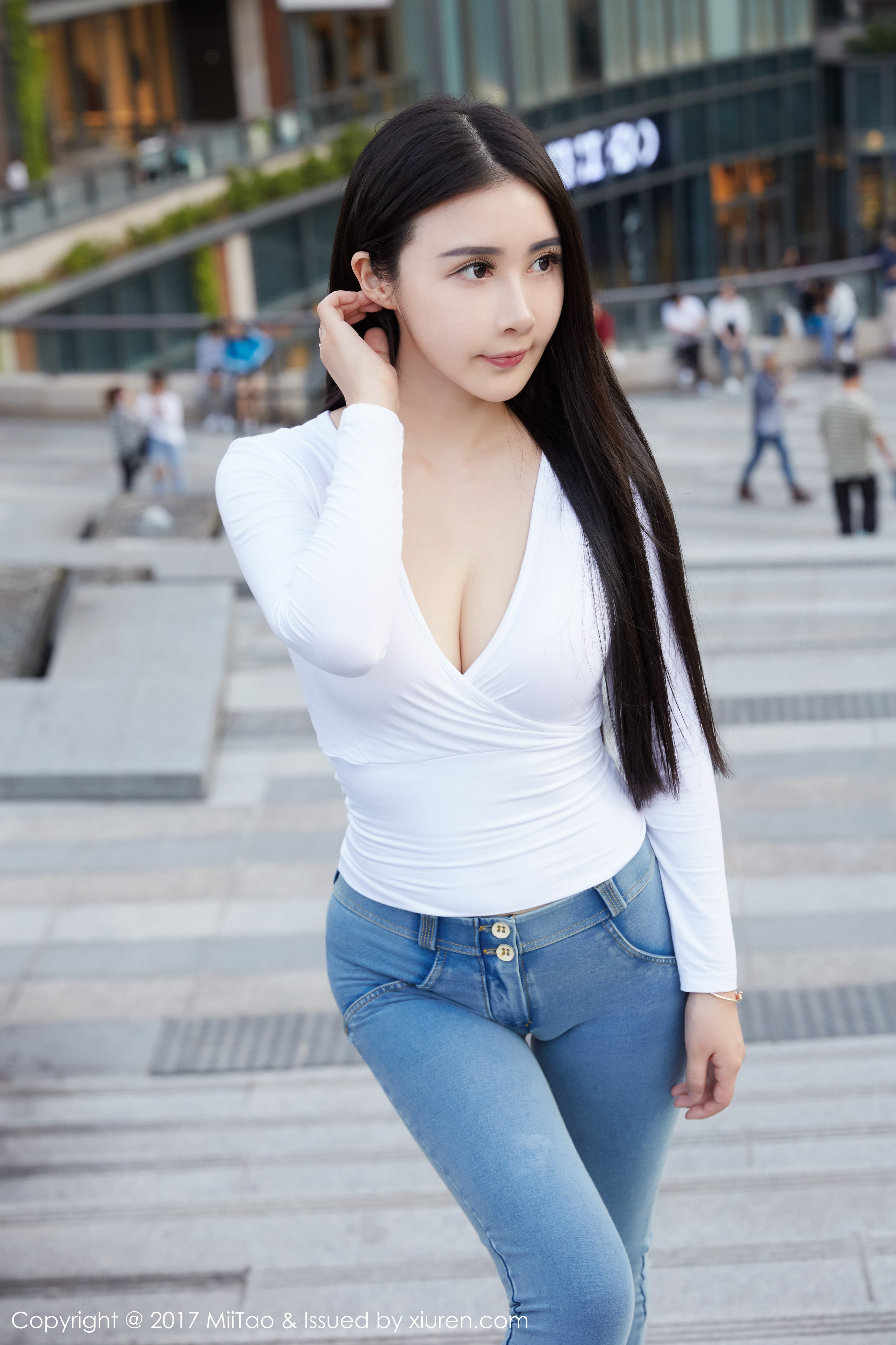 People 3600x5400 women Asian women outdoors Chinese model MiiTao portrait display Xiuren cleavage long hair looking away white blouse jeans pale black hair Chinese