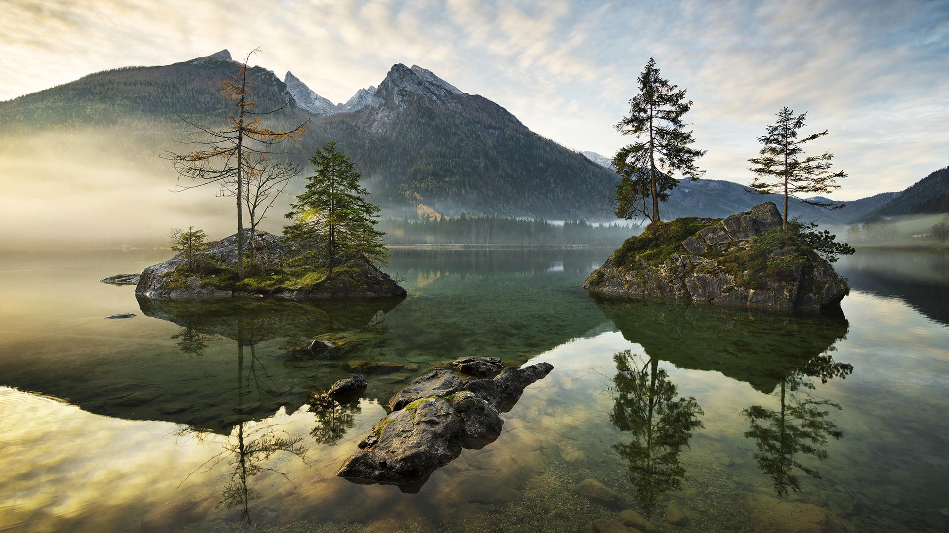 General 1920x1080 landscape nature lake clear water reflection rocks trees mountains mist sky clouds Bing