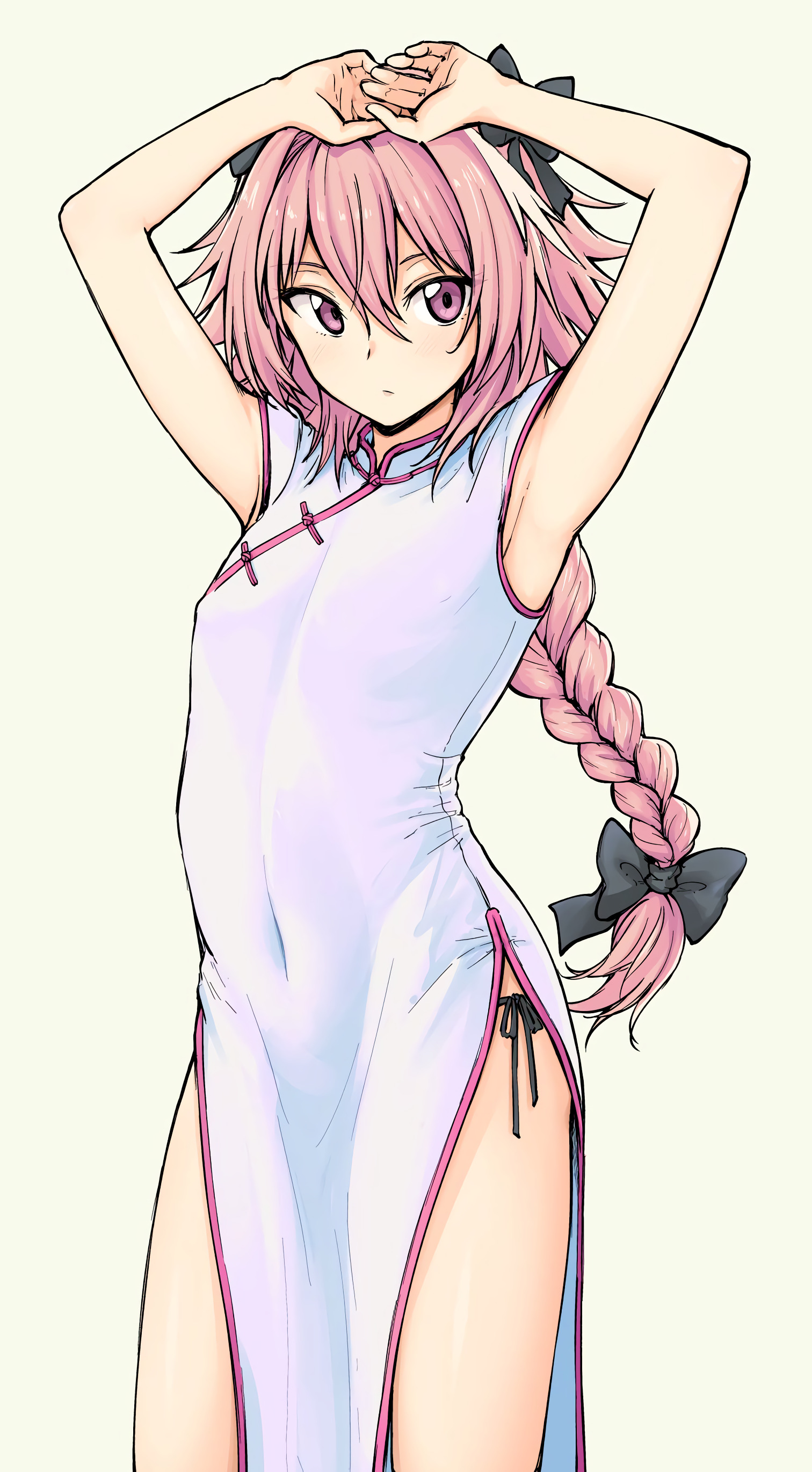 Anime 1512x2740 Fate/Apocrypha  Fate/Grand Order Fate series thighs curvy belly button black panties ecchi cheongsam alternate costume french braids pink eyes Astolfo (Fate/Apocrypha) anime boys 2D anime armpits fan art paxiti side tie thong femboy arms up