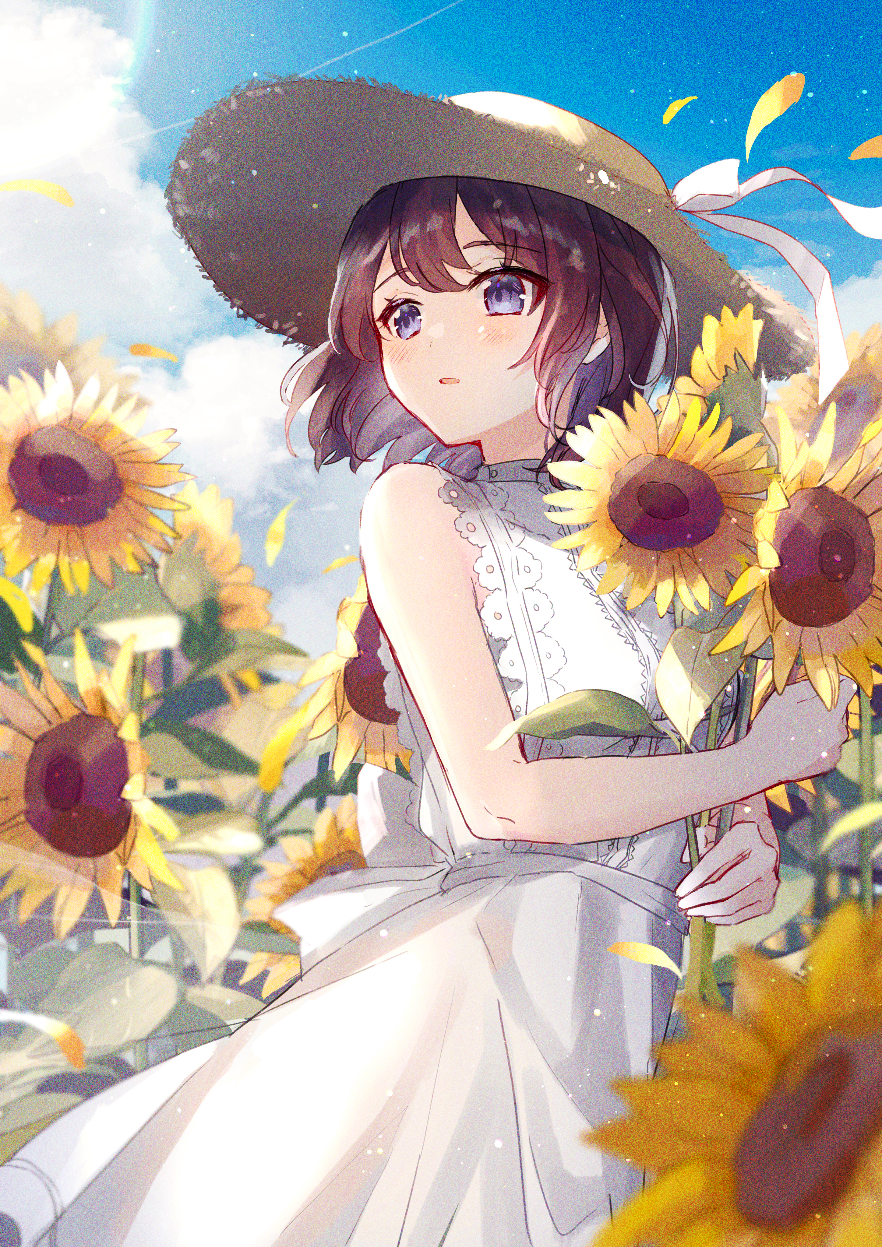 Anime 2896x4096 anime anime girls Oyuyu sunflowers straw hat sun dress brunette purple eyes