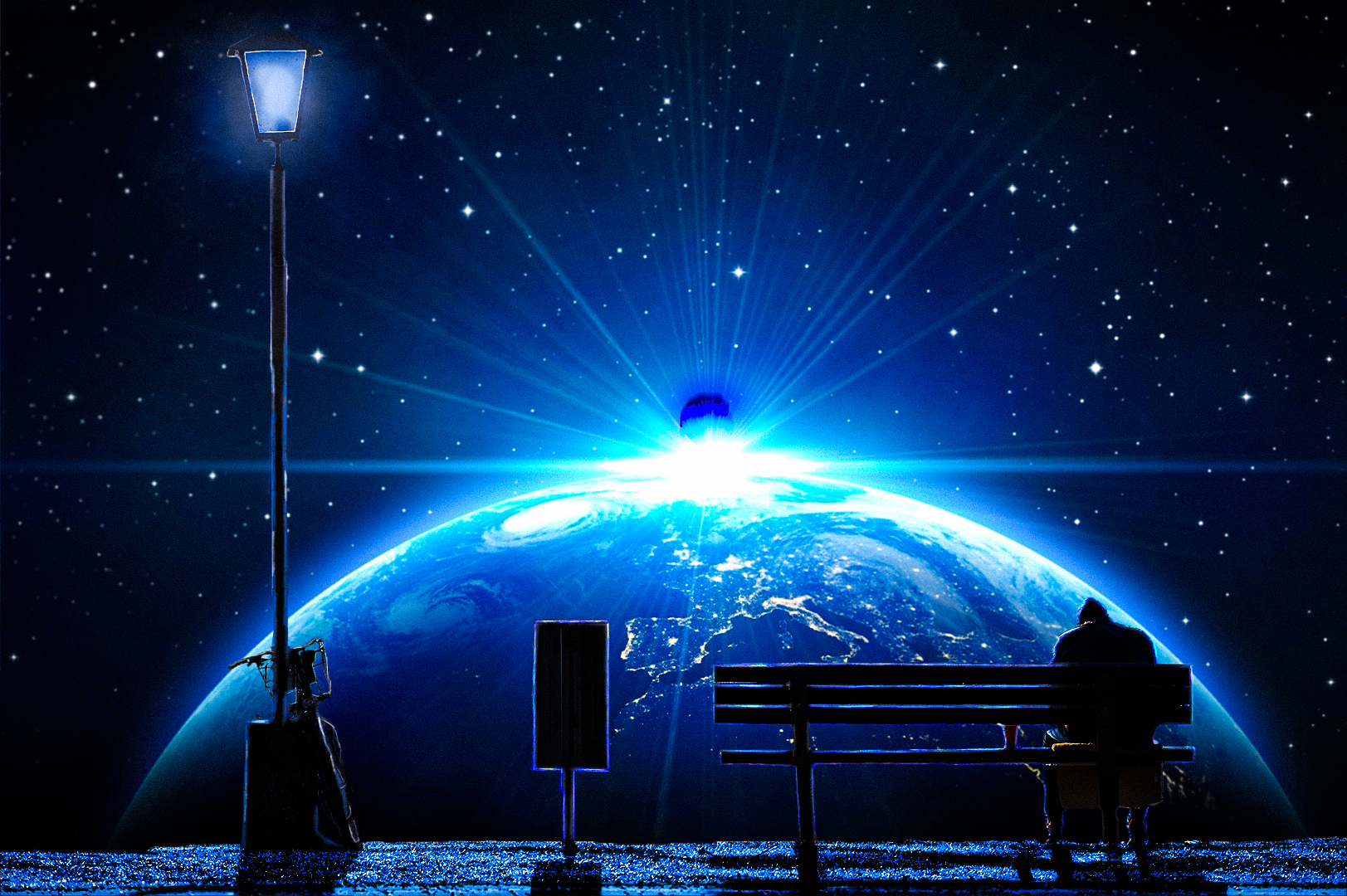 General 1623x1080 meteorite space sky Earth bench destruction blue space art planet digital art stars lantern