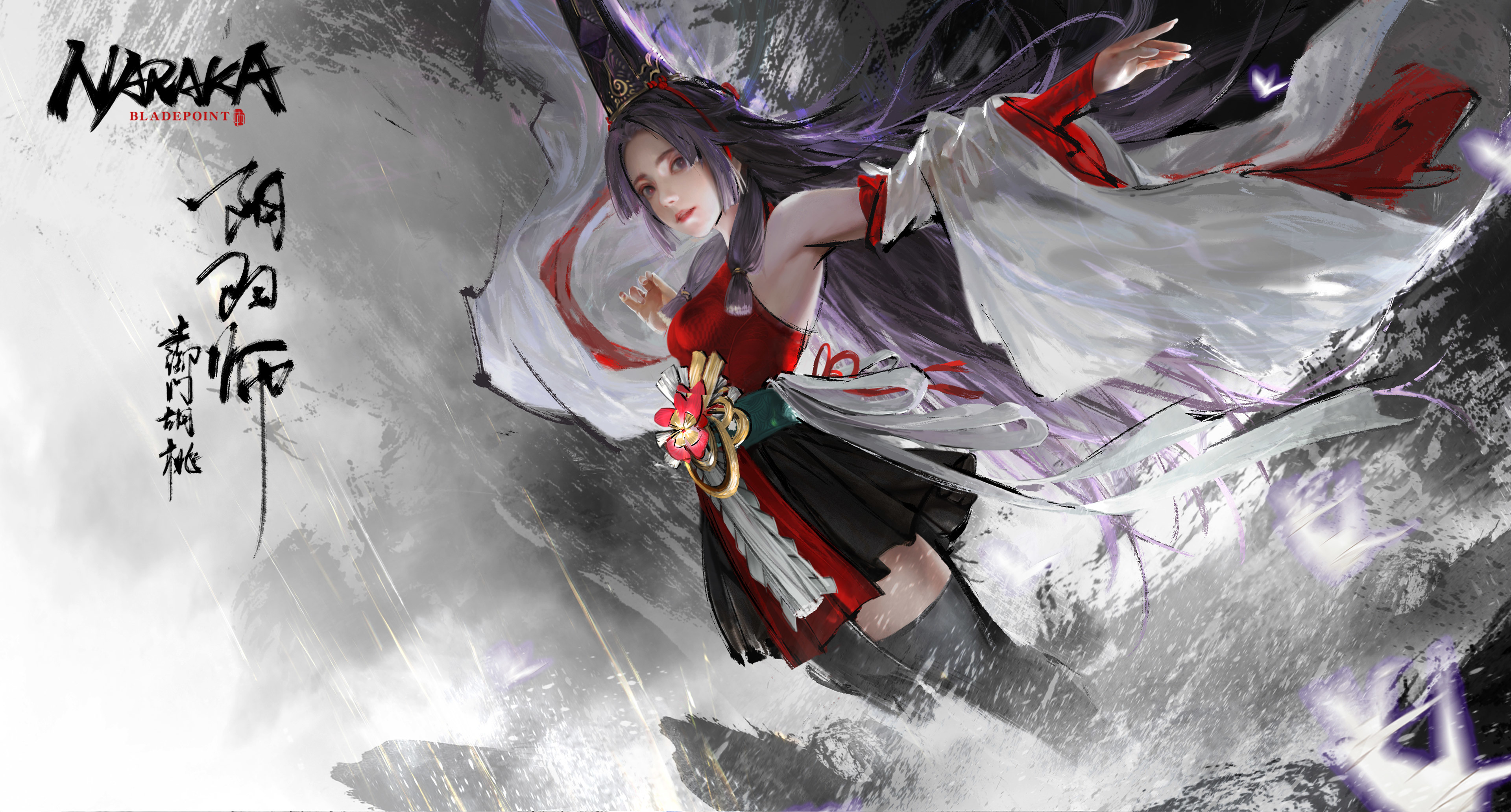 General 3840x2064 Naraka: Bladepoint video game characters video game art digital art fantasy girl video games video game girls standing black thigh-highs water detached sleeves long hair thigh-highs parted lips looking at viewer skirt hair ornament thighs title Japanese clothes Japanese purple hair