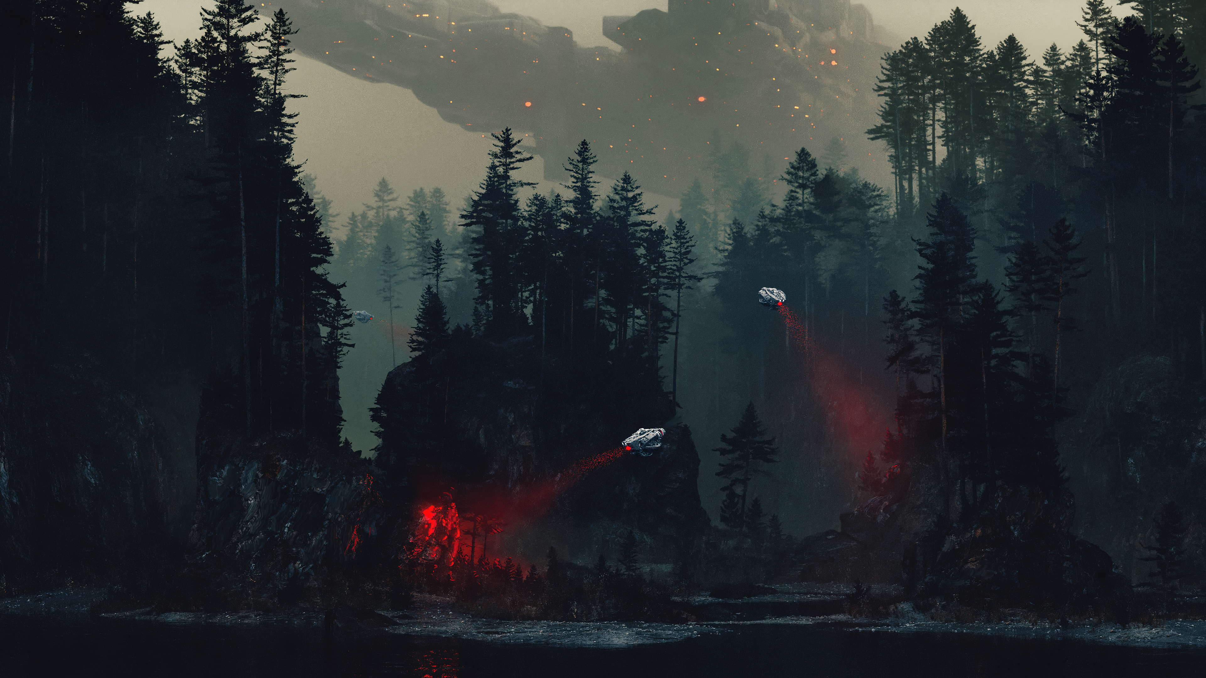 General 3840x2160 science fiction spaceship forest trees nature searchlights river digital art digital painting