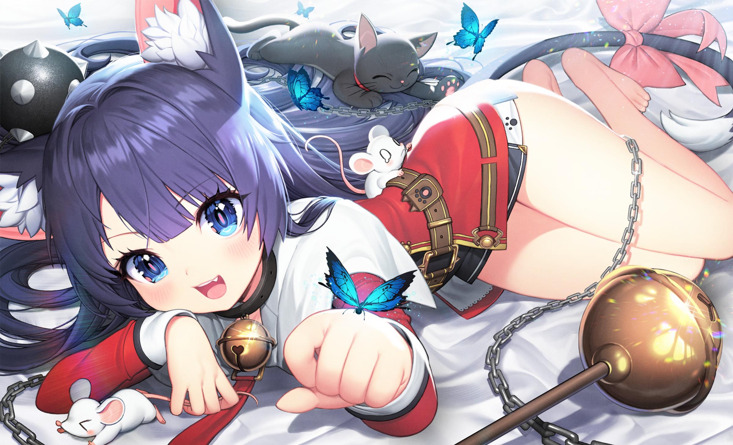 Anime 2400x1458 Clarissa (Epic Seven) Epic Seven butterfly blue eyes anime girls chains black cats cats cat girl purple hair