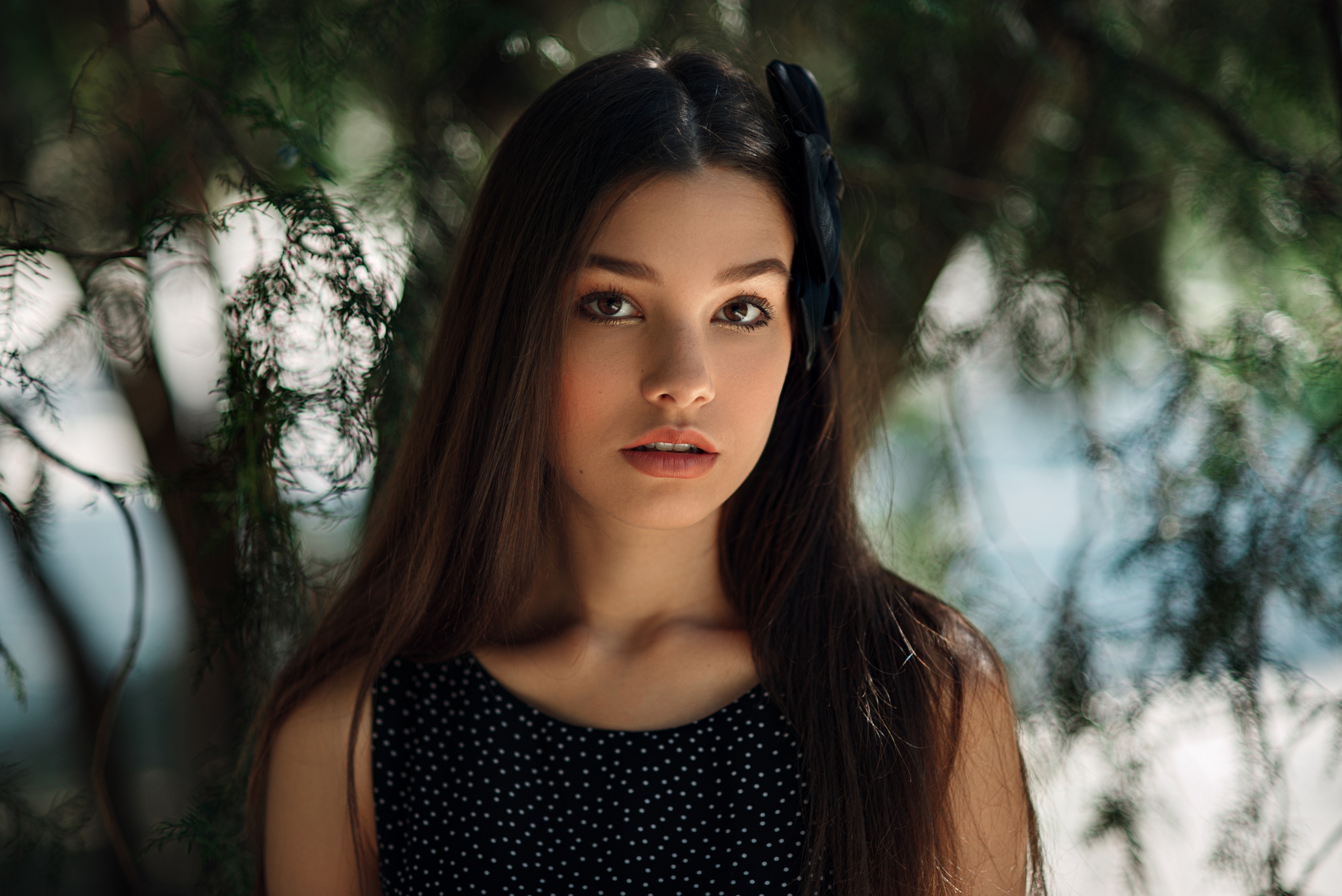 People 2560x1709 women model brunette long hair looking at viewer face polka dots depth of field women outdoors trees Pavel Cherepko brown eyes open mouth
