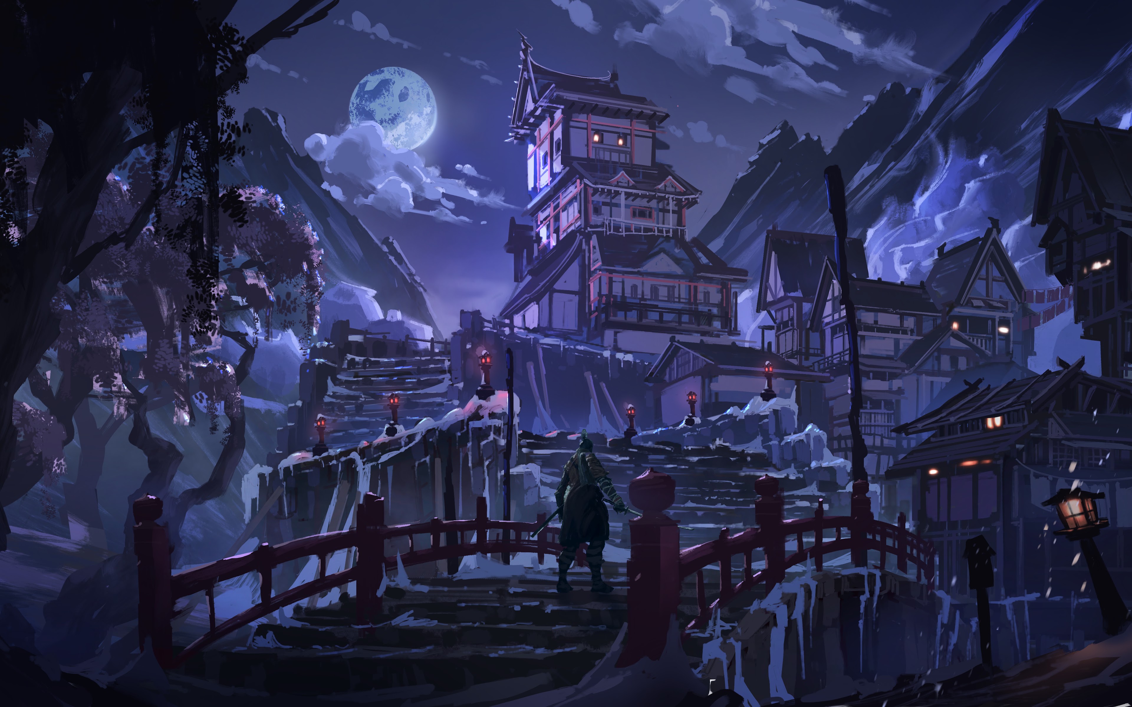 General 3840x2400 artwork fantasy art night Moon bridge town Sekiro: Shadows Die Twice digital art low light