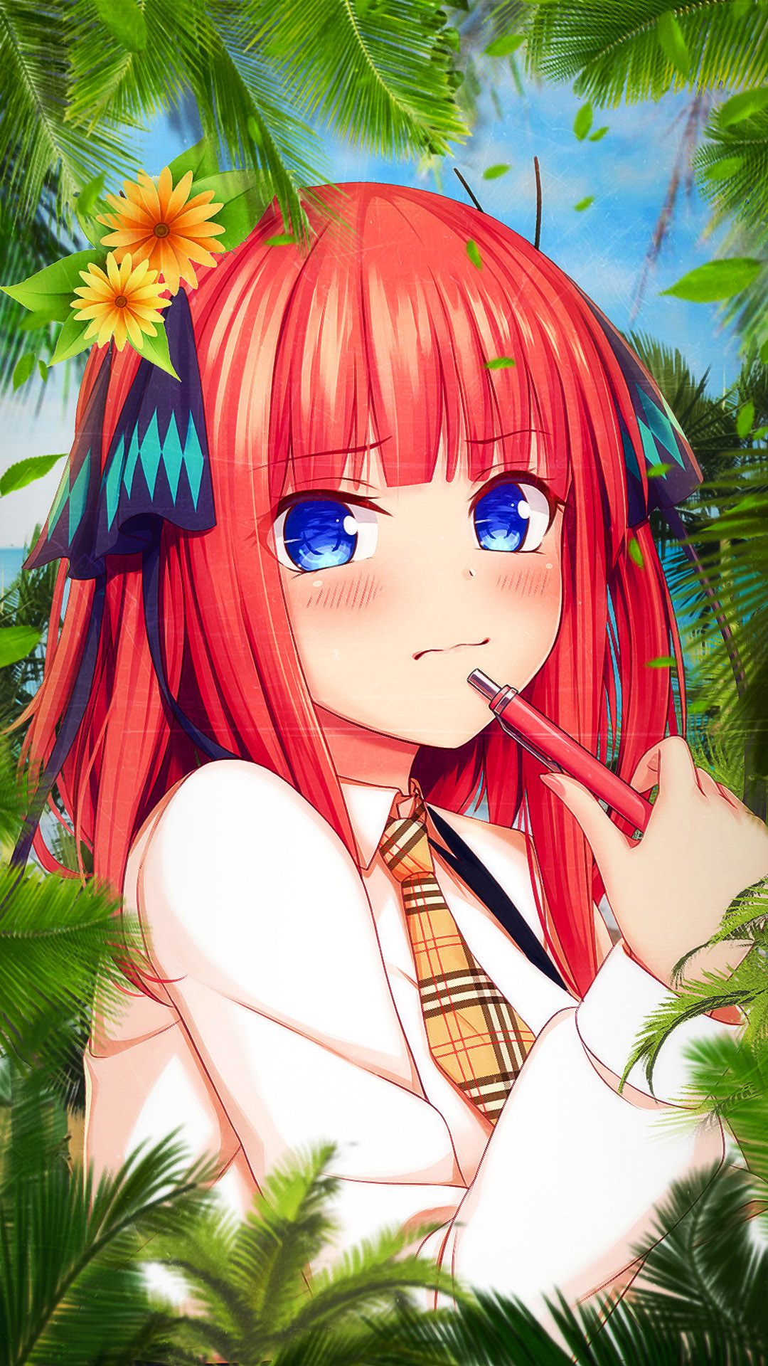 Anime 1080x1920 beach 5-toubun no Hanayome Nakano Nino anime girls redhead blue eyes flower in hair tie palm trees blushing