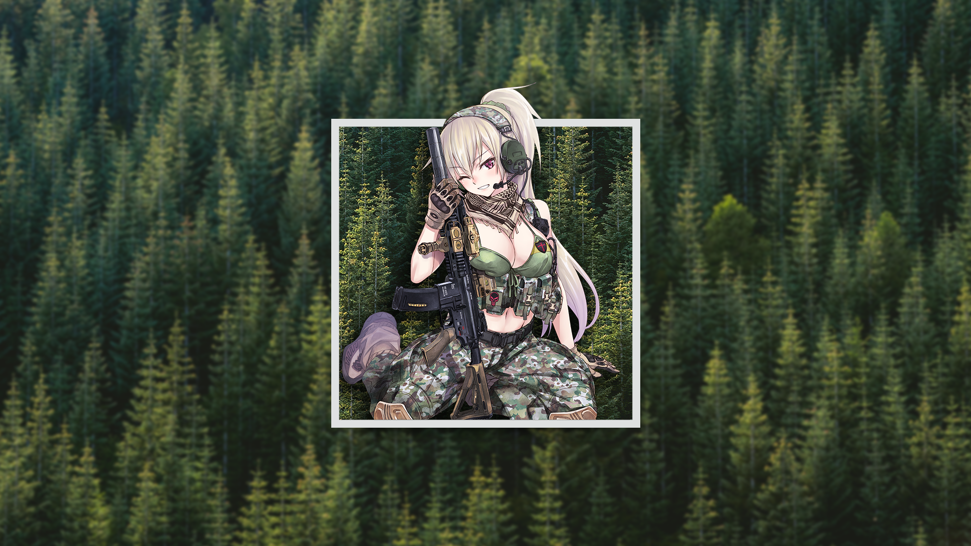 Anime 1920x1080 anime picture-in-picture trees anime girls headphones one eye closed boobs machine gun weapon red eyes camouflage cleavage girls with guns