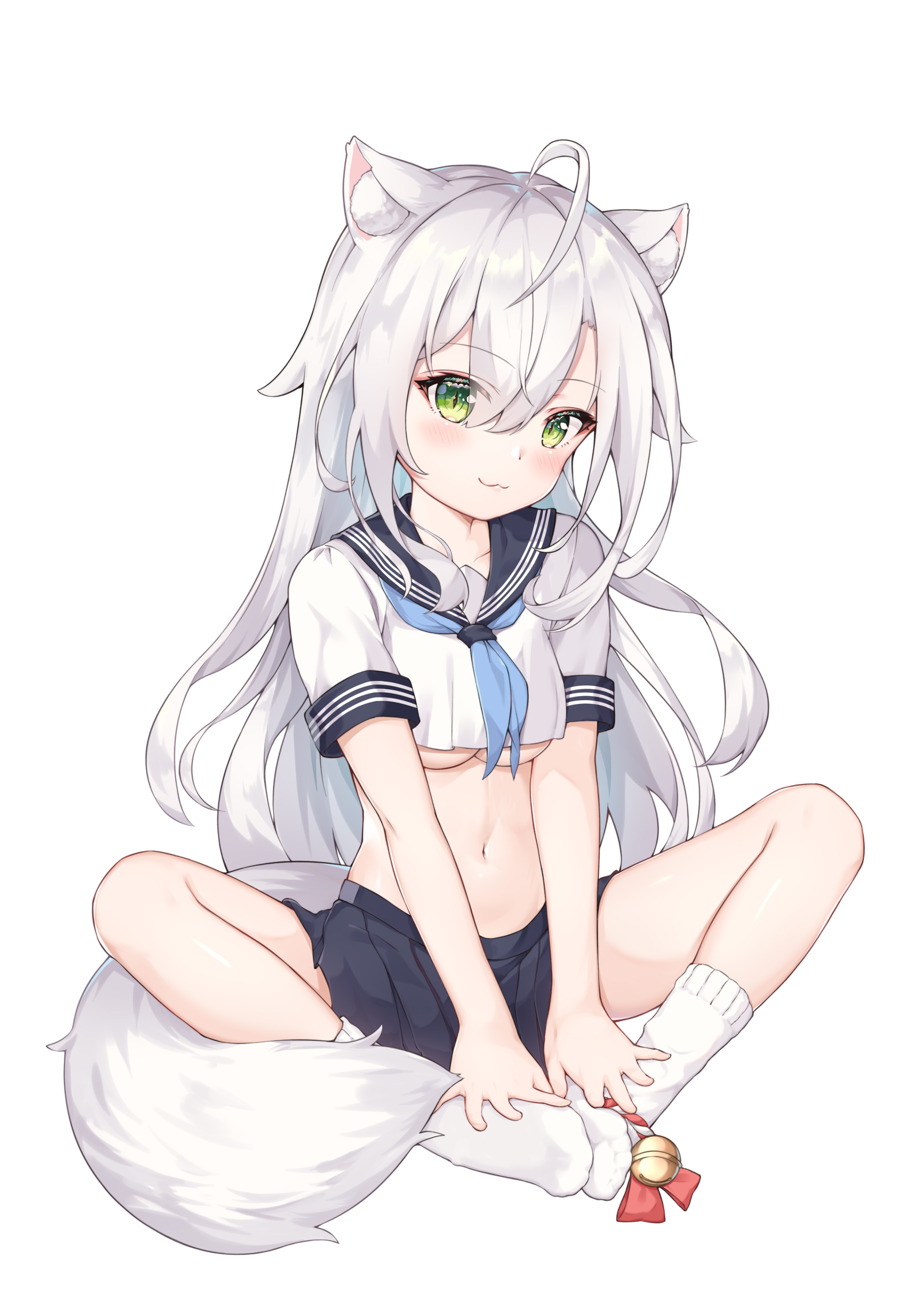 Anime 2894x4093 kuroida anime girls cat girl animal ears underboob school uniform tail white hair skirt socks green eyes