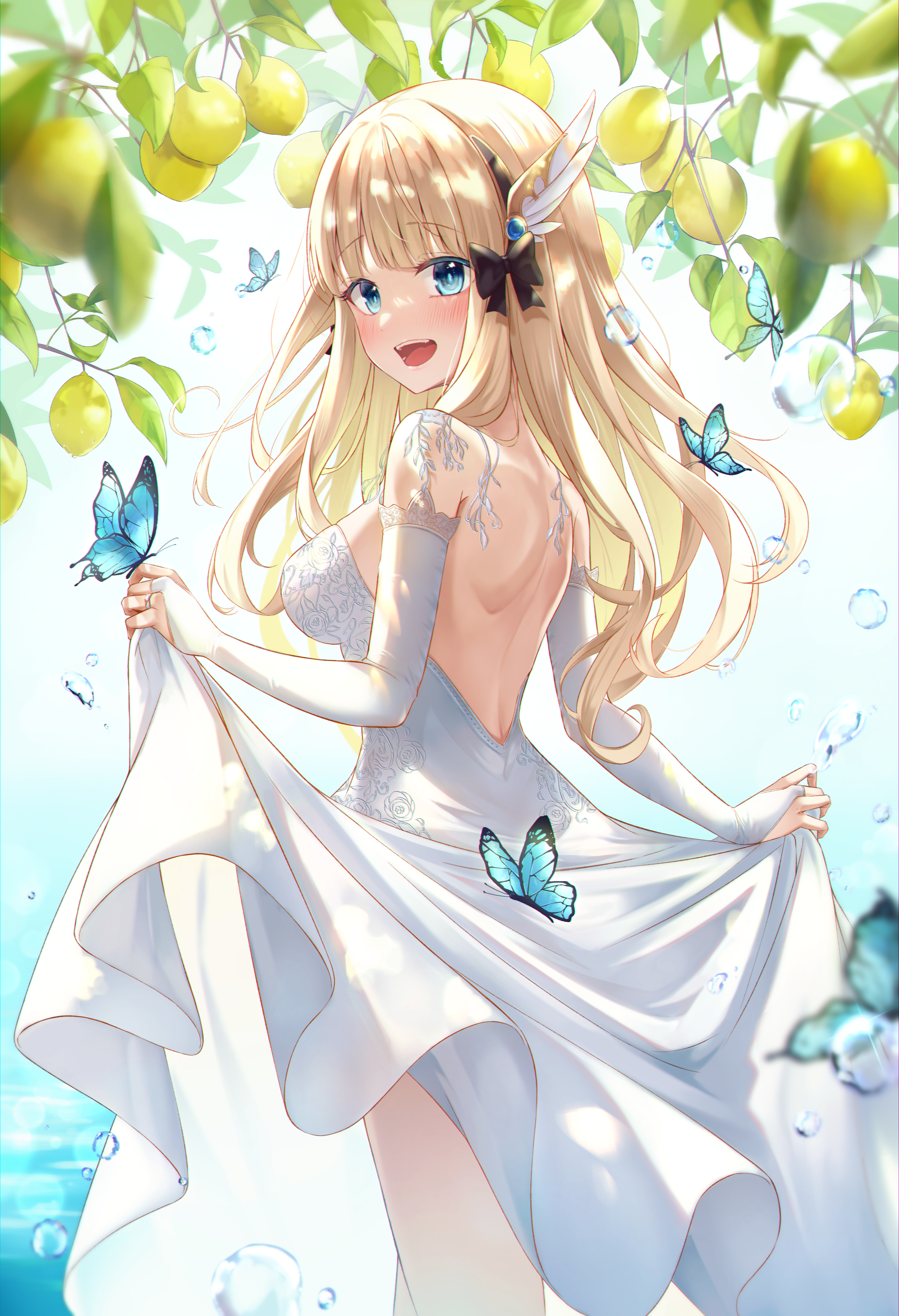 Anime 2734x4000 anime anime girls blonde butterfly blue eyes lemons water bareback