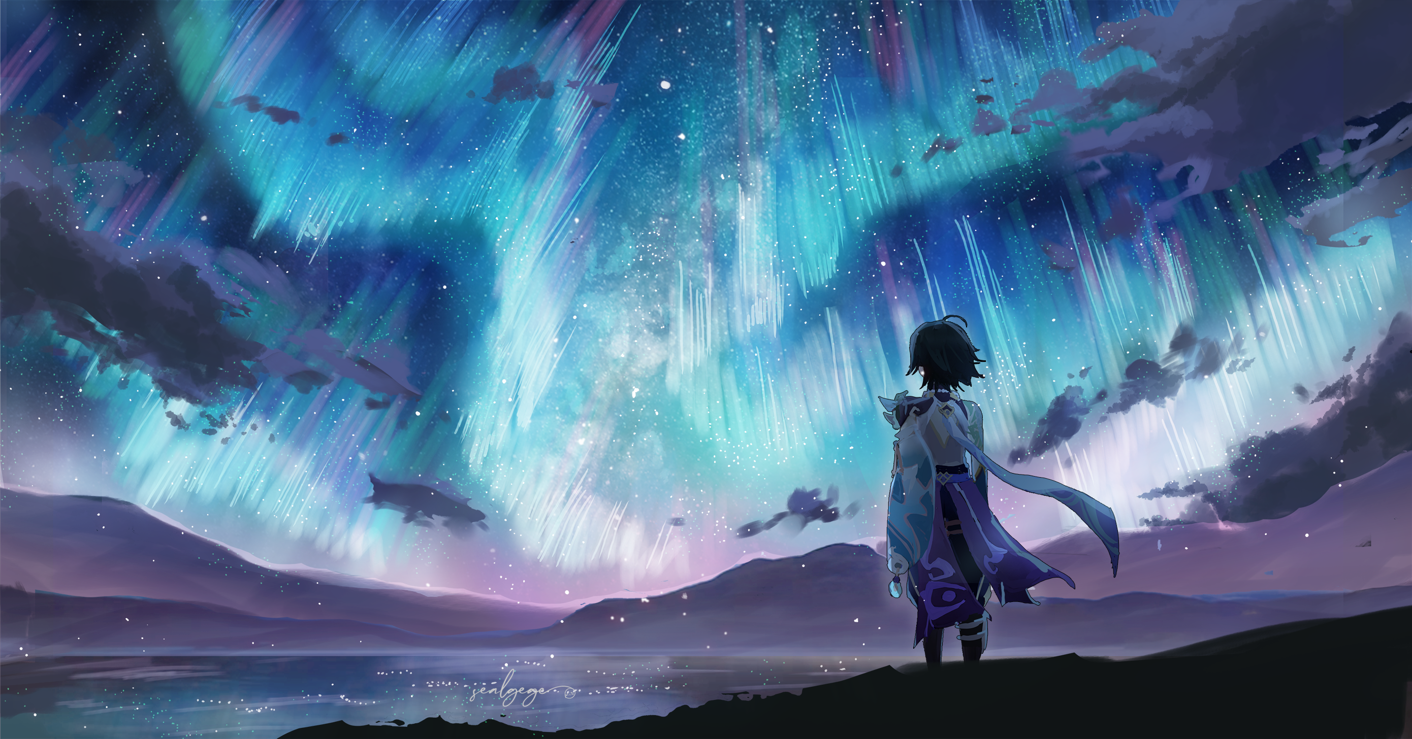 Anime 2780x1456 Genshin Impact stars sky artwork aurorae Xiao (Genshin Impact) video game characters video game boys