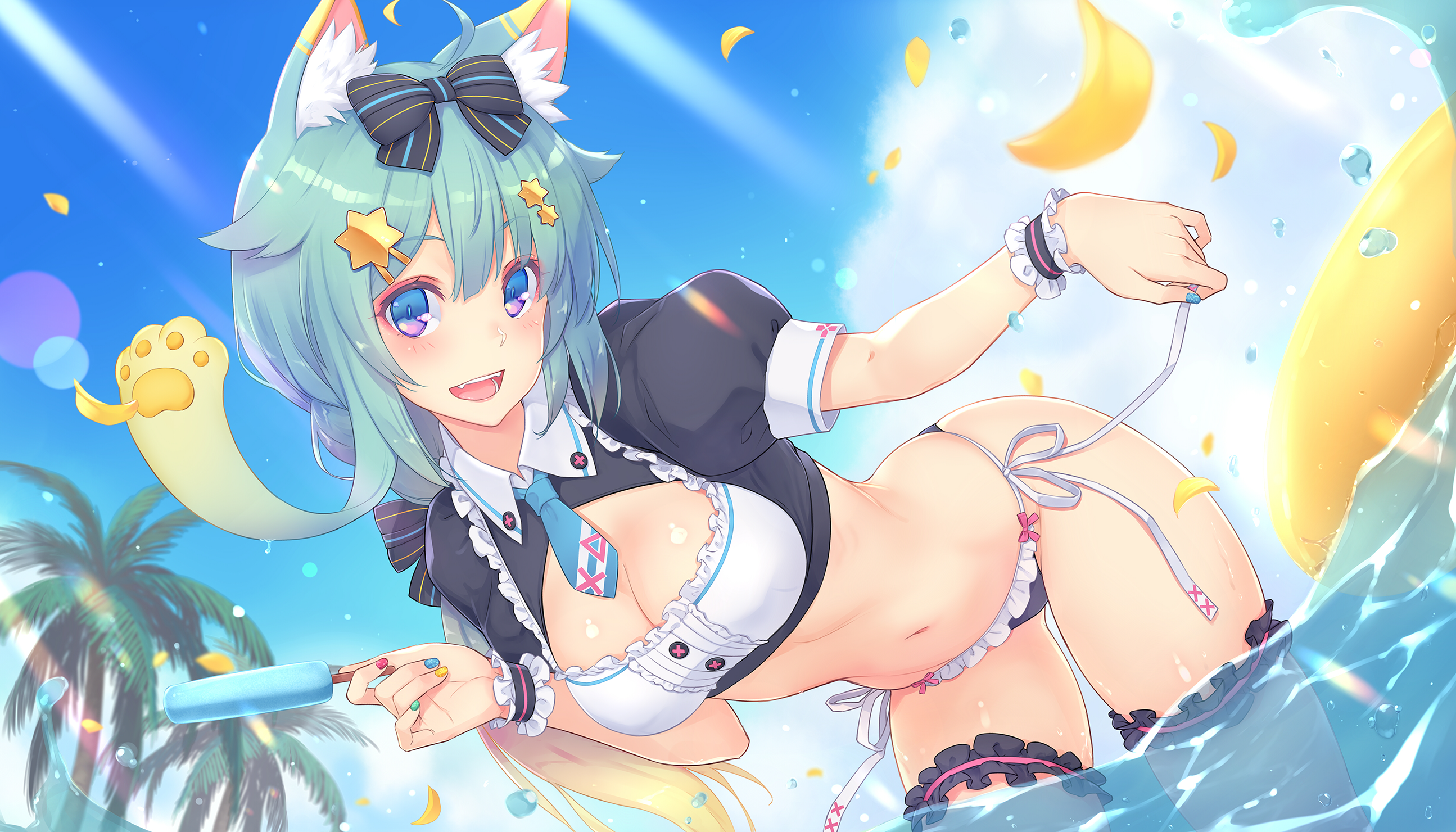 Anime 2590x1480 Dan anime anime girls water bikini legs belly smiling cyan hair ice cream cleavage