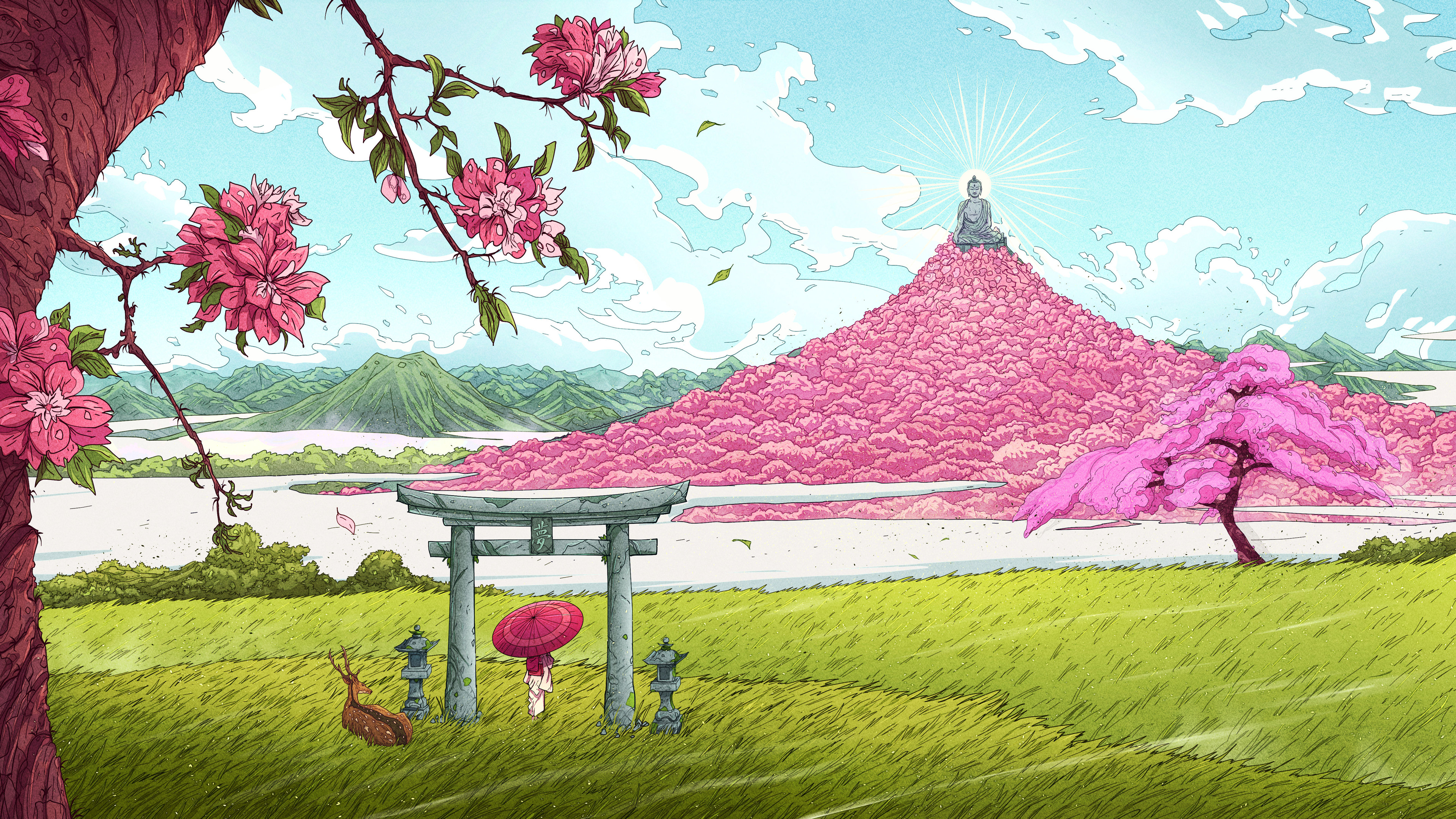General 3840x2160 Christian Benavides digital art fantasy art Buddha Shinto arch deer mountains pink trees flowers clouds
