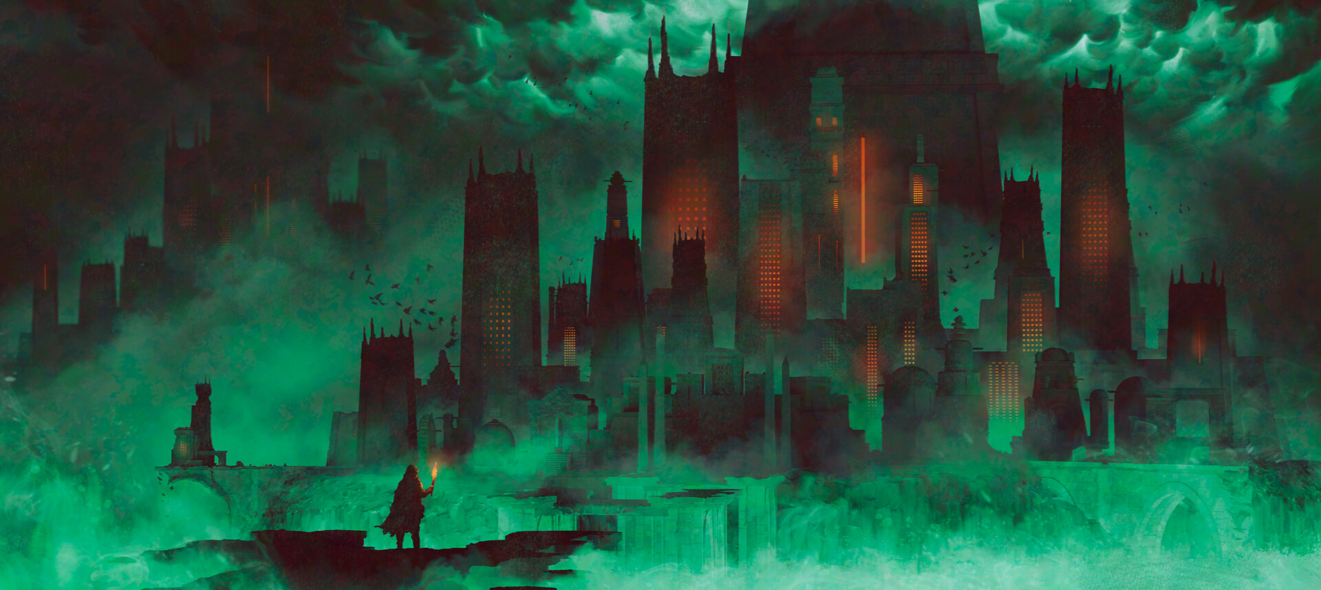 General 1920x858 digital art Dan Roff fantasy city dark birds cityscape