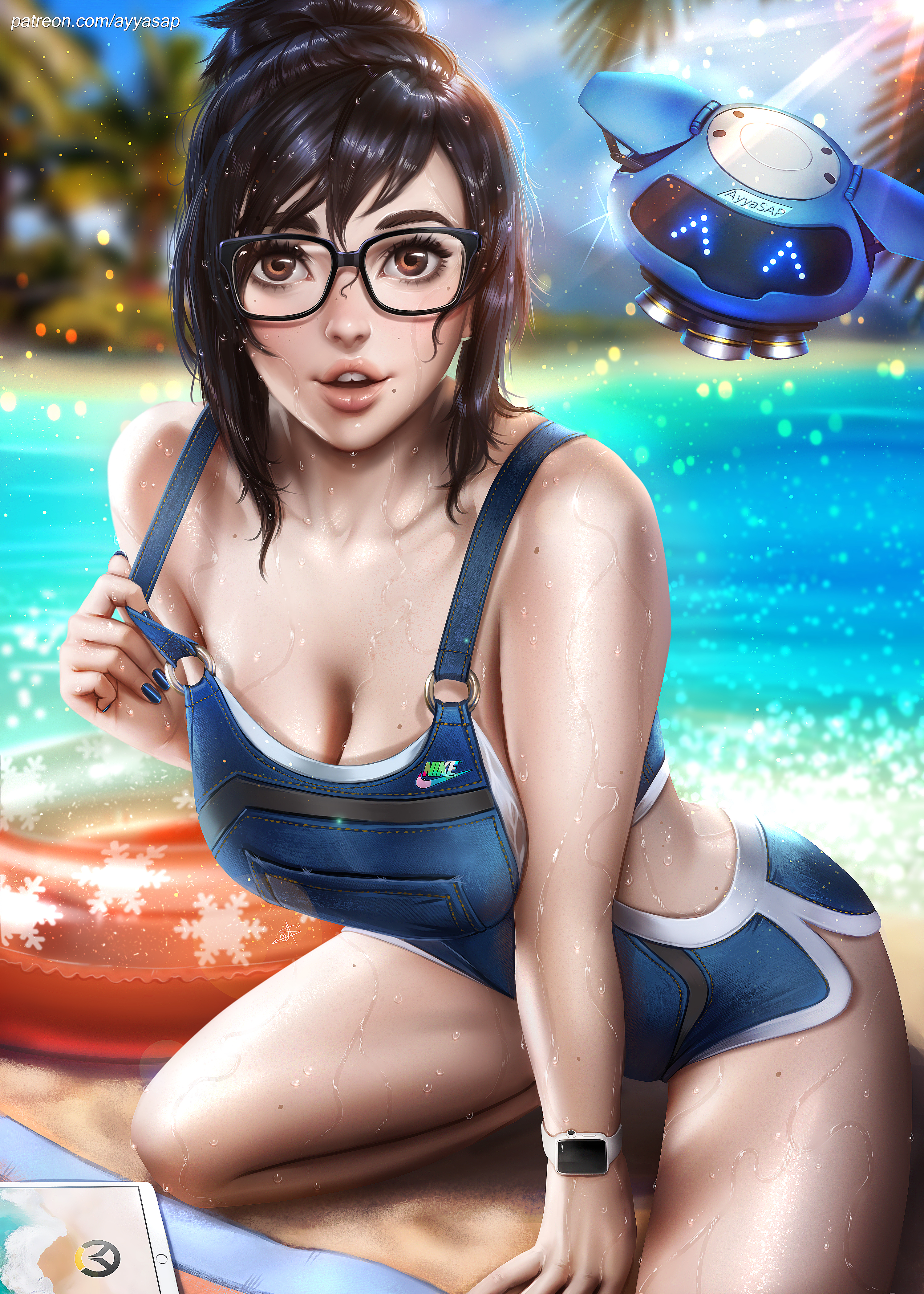 General 3000x4199 Mei (Overwatch) Overwatch video games video game girls fan art video game characters women with glasses brown eyes parted lips wet body summer women on beach cleavage overalls kneeling portrait display artwork drawing illustration robot Ayya Saparniyazova