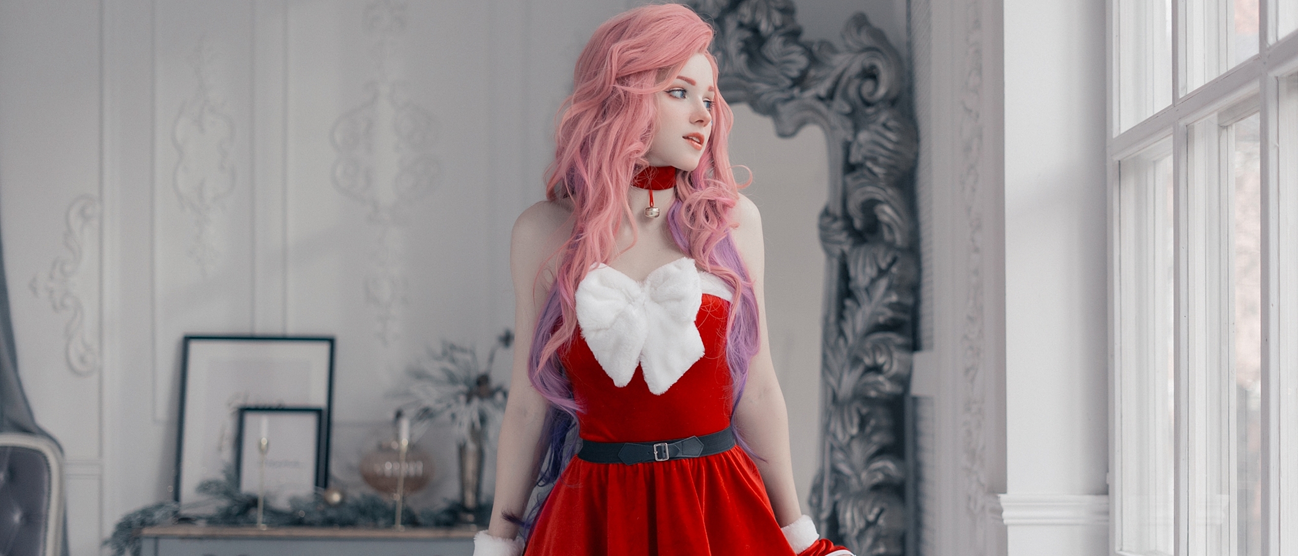 People 2560x1097 Santa costume Shirogane Sama pink hair red dress women Christmas clothes Christmas Lingerie Christmas Seraphine (League of Legends)
