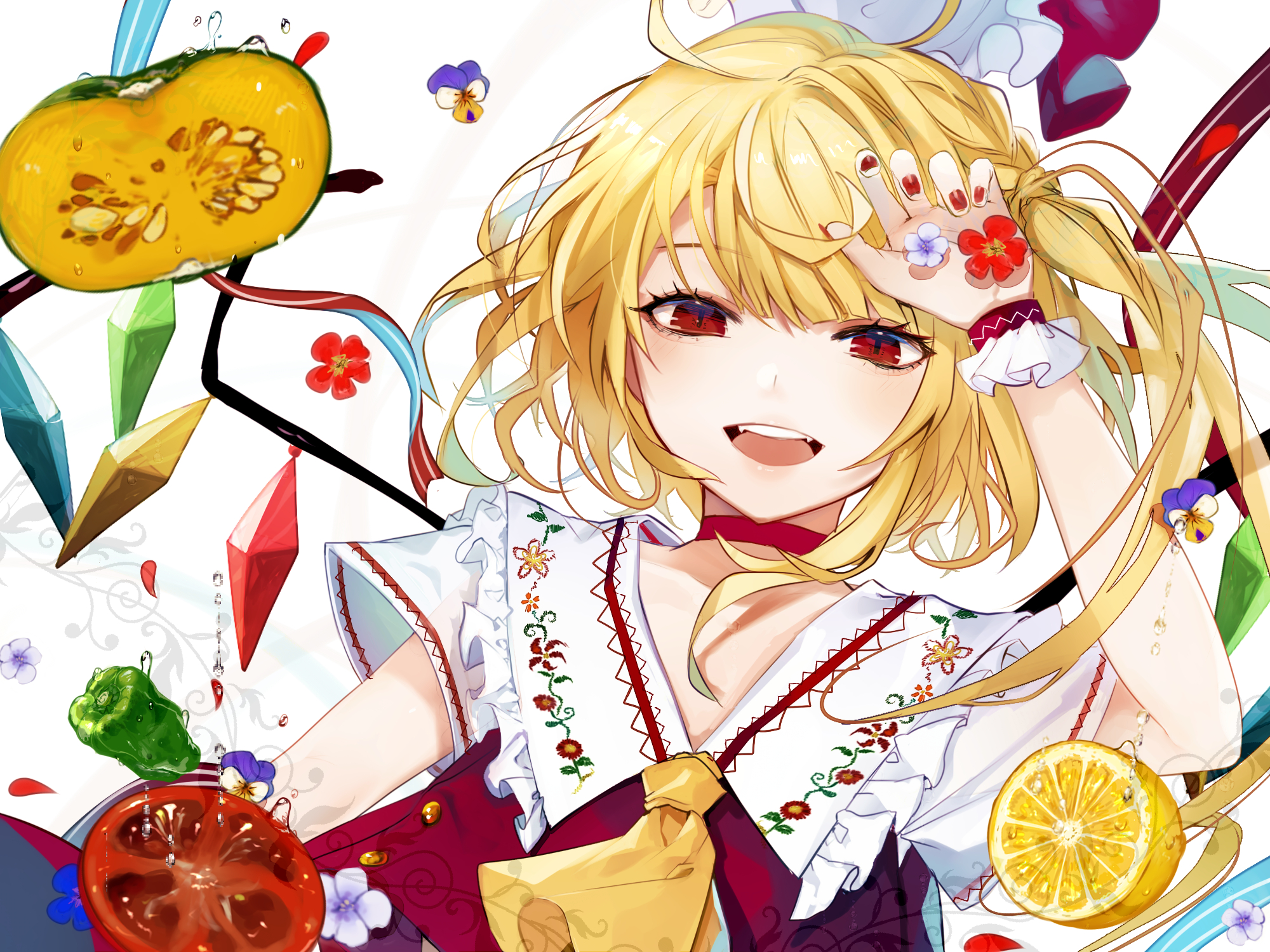 Anime 2000x1500 Touhou Flandre Scarlet anime girls red eyes open mouth Side ponytail blonde choker white background