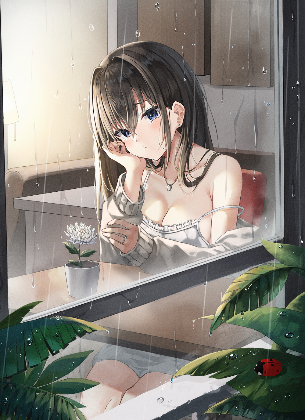 Anime 1000x1376 anime anime girls Lkeris artwork blue eyes dark hair tears cleavage window