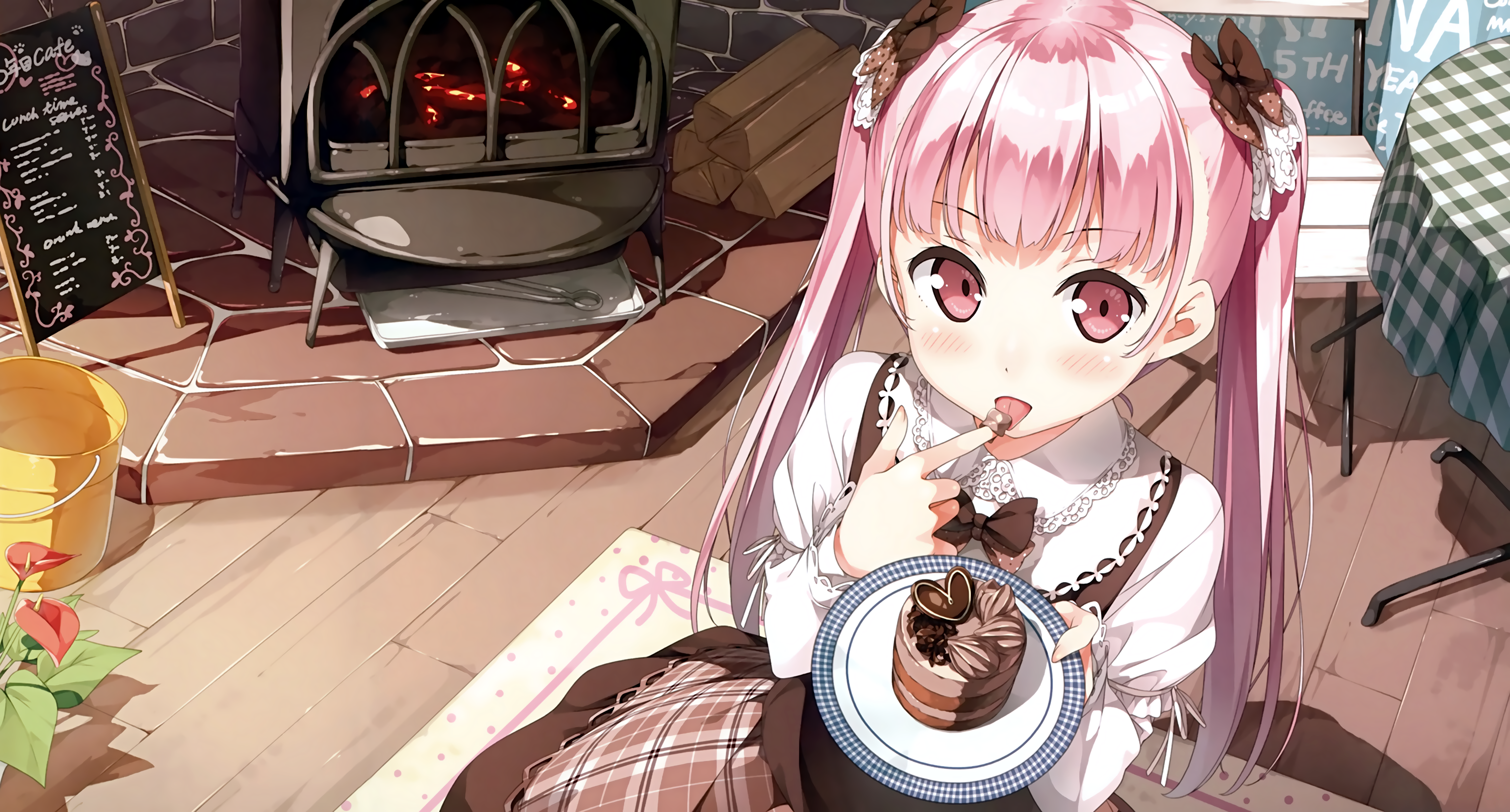 Anime 4590x2470 Afterschool of the 5th year anime girls Kantoku artwork waitress pink hair twintails pink eyes dress cake sweets
