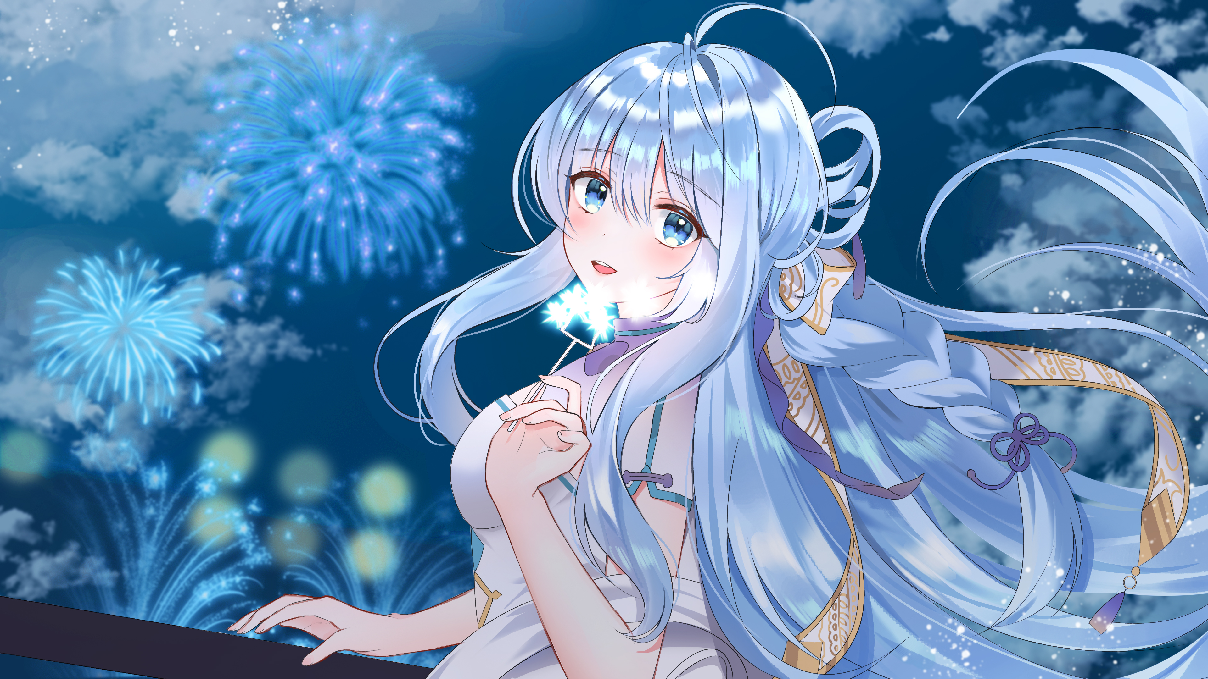 Anime 3840x2160 anime anime girls Yagen artwork silver hair blue eyes long hair fireworks