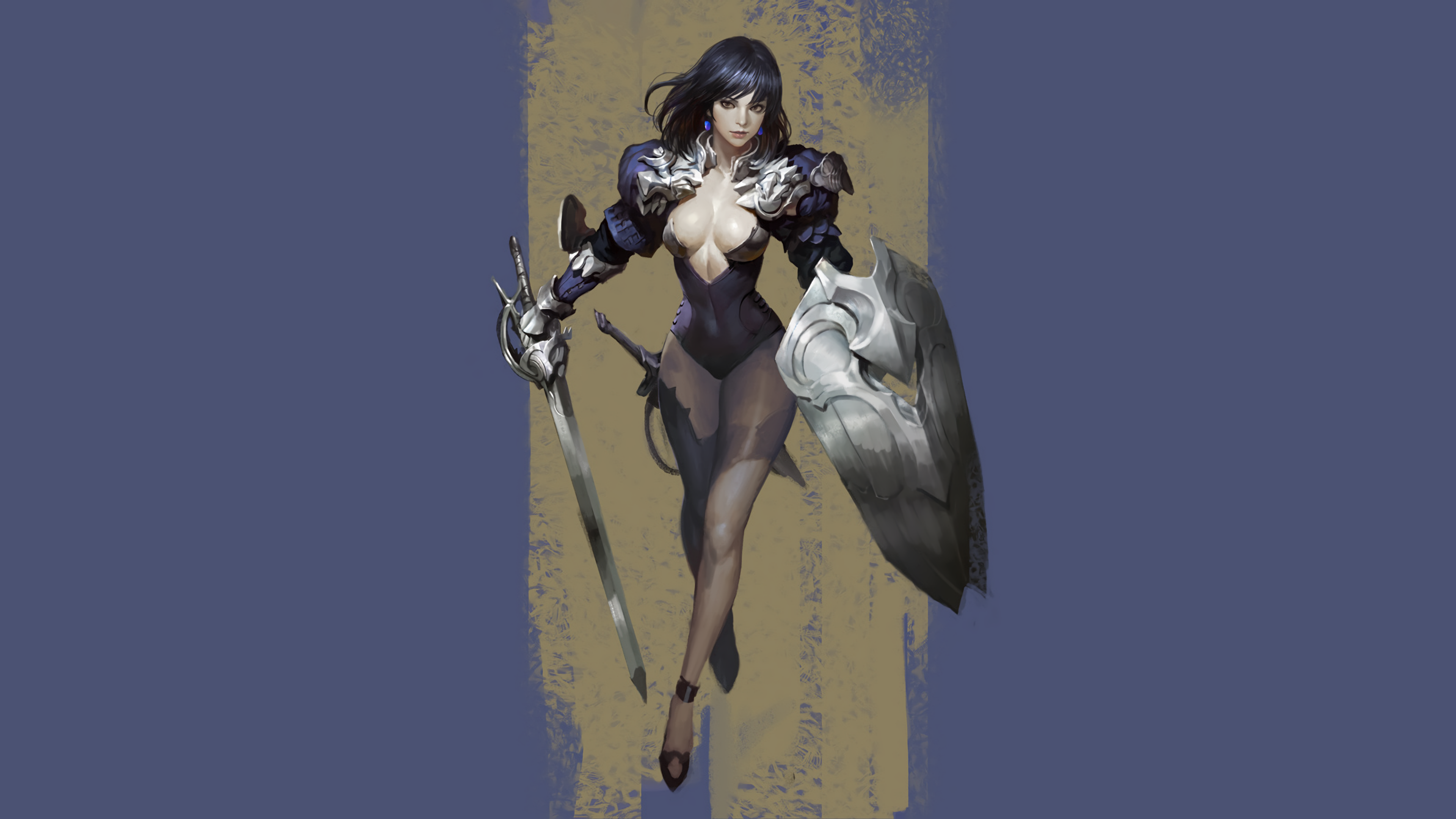 General 3840x2160 illustration shield sword black hair cleavage armor armored woman high heels pantyhose earring Heonhwa Choe