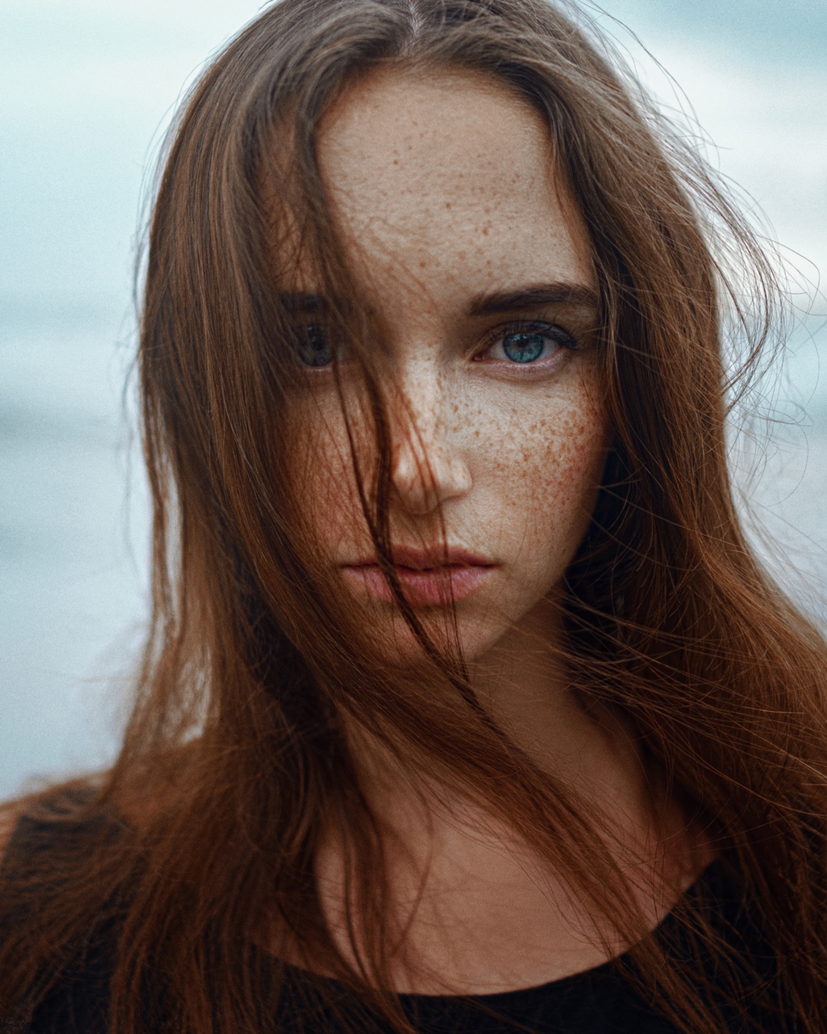 People 1619x2024 women model face freckles portrait Georgy Chernyadyev hair in face blue eyes long hair Anastasia Nelen